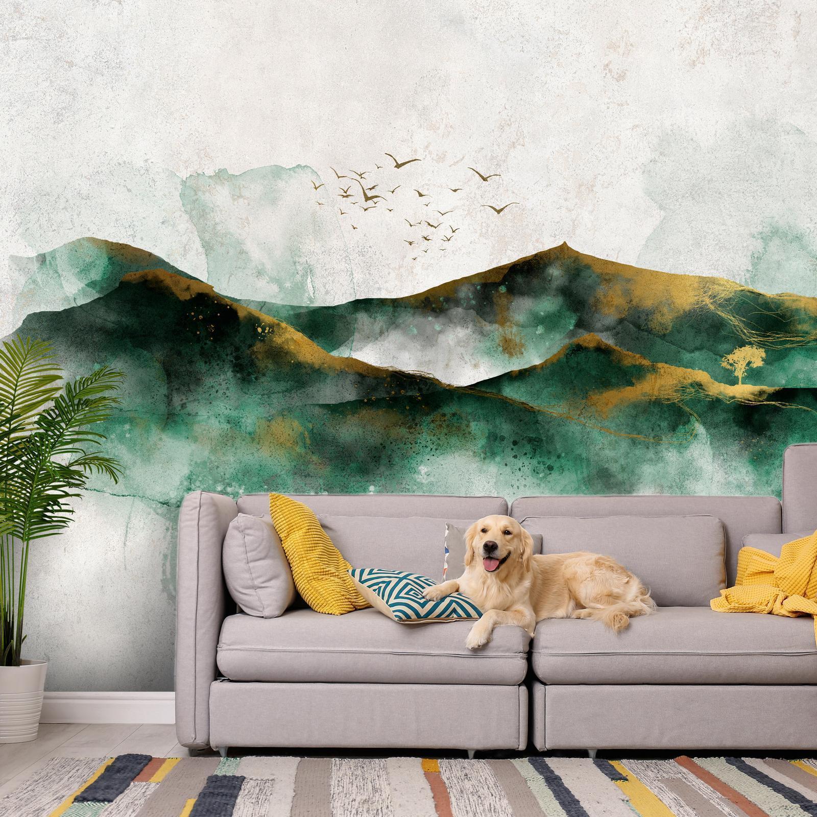 Papier peint - Abstract landscape - green mountains with golden patterns and birds