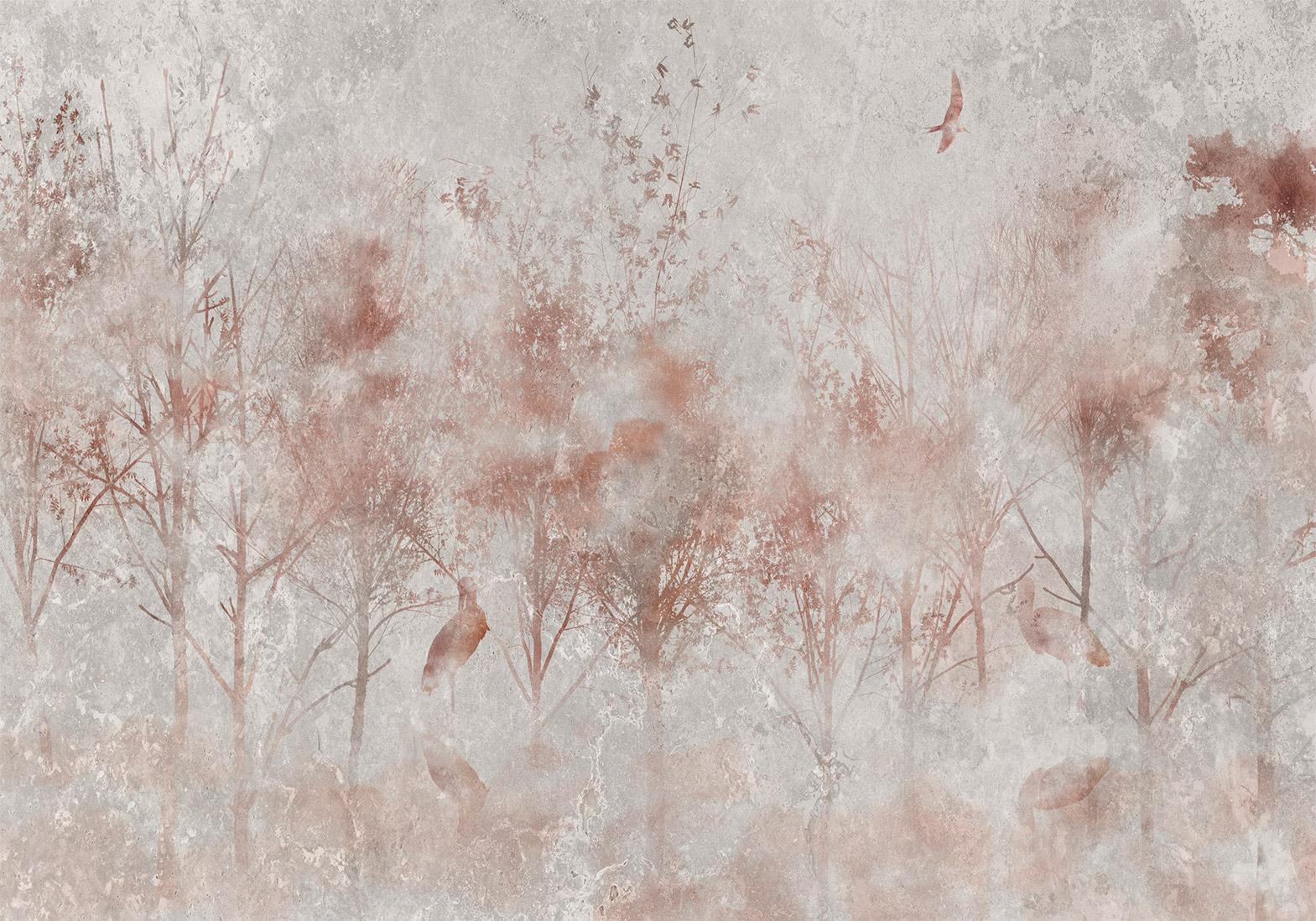 Papier peint - Autumn landscape - abstract with trees and birds on a textured background