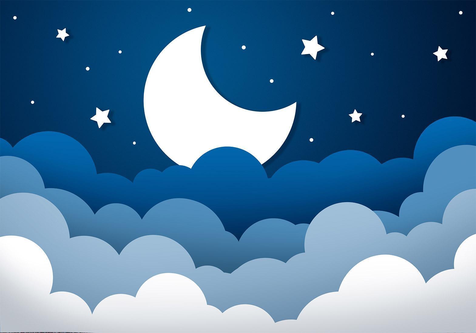 Papier peint - Moon dream - clouds on a dark blue sky with stars for children