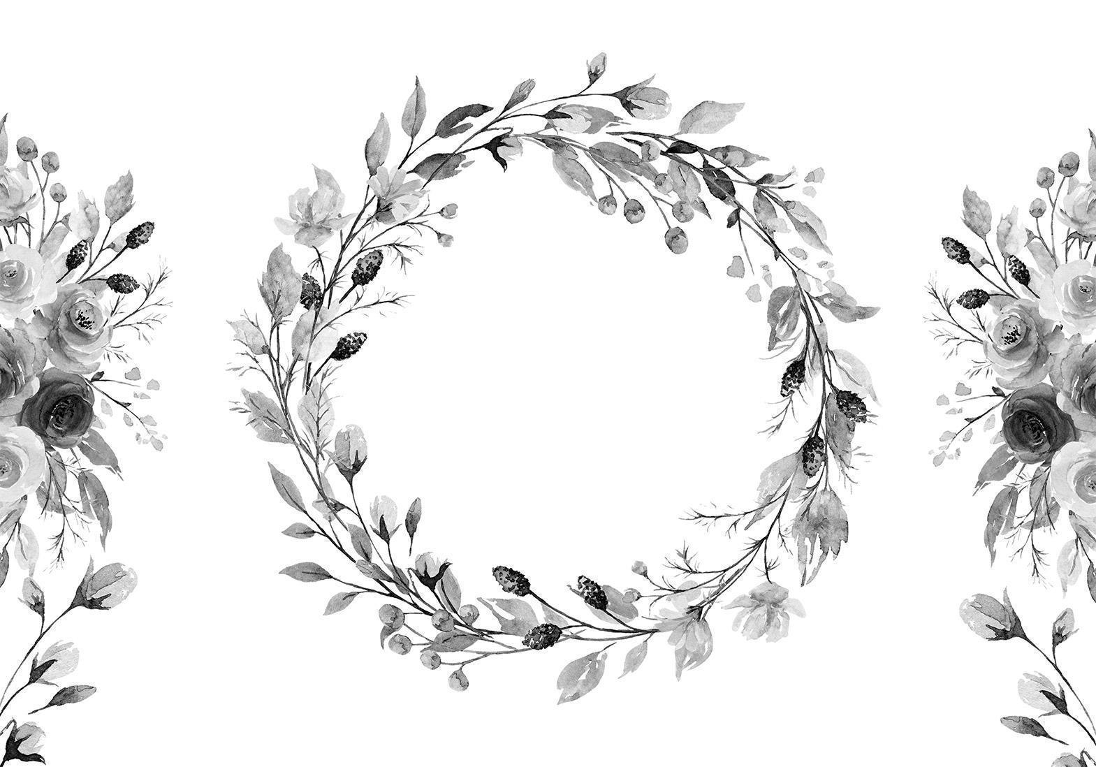 Papier peint - Romantic wreath - grey plant motif with leaves with rose pattern