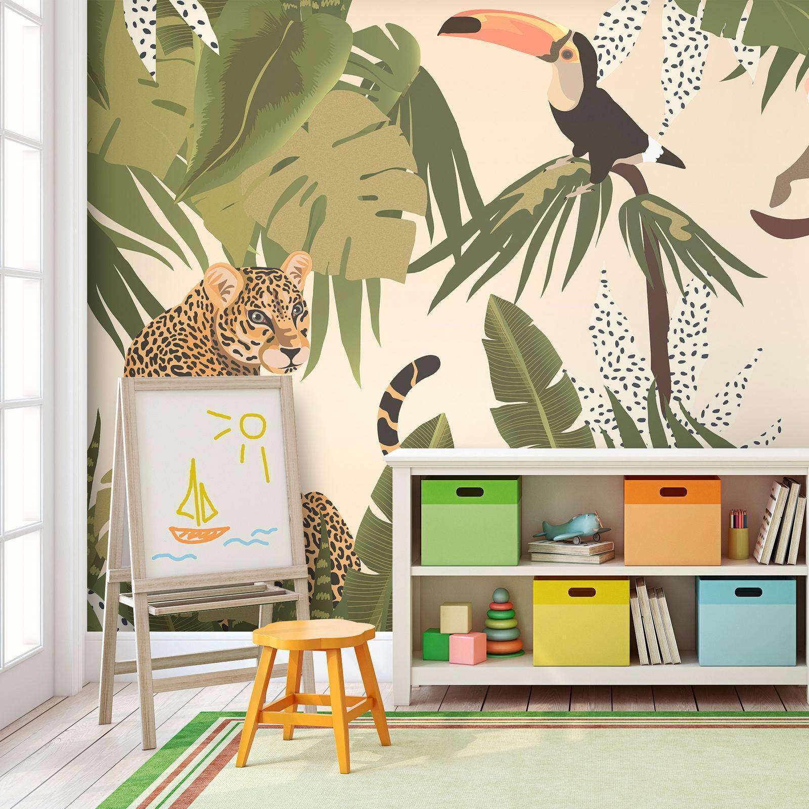 Papier peint - Leaves and Shapes - Jungle in Faded Colours With Animals
