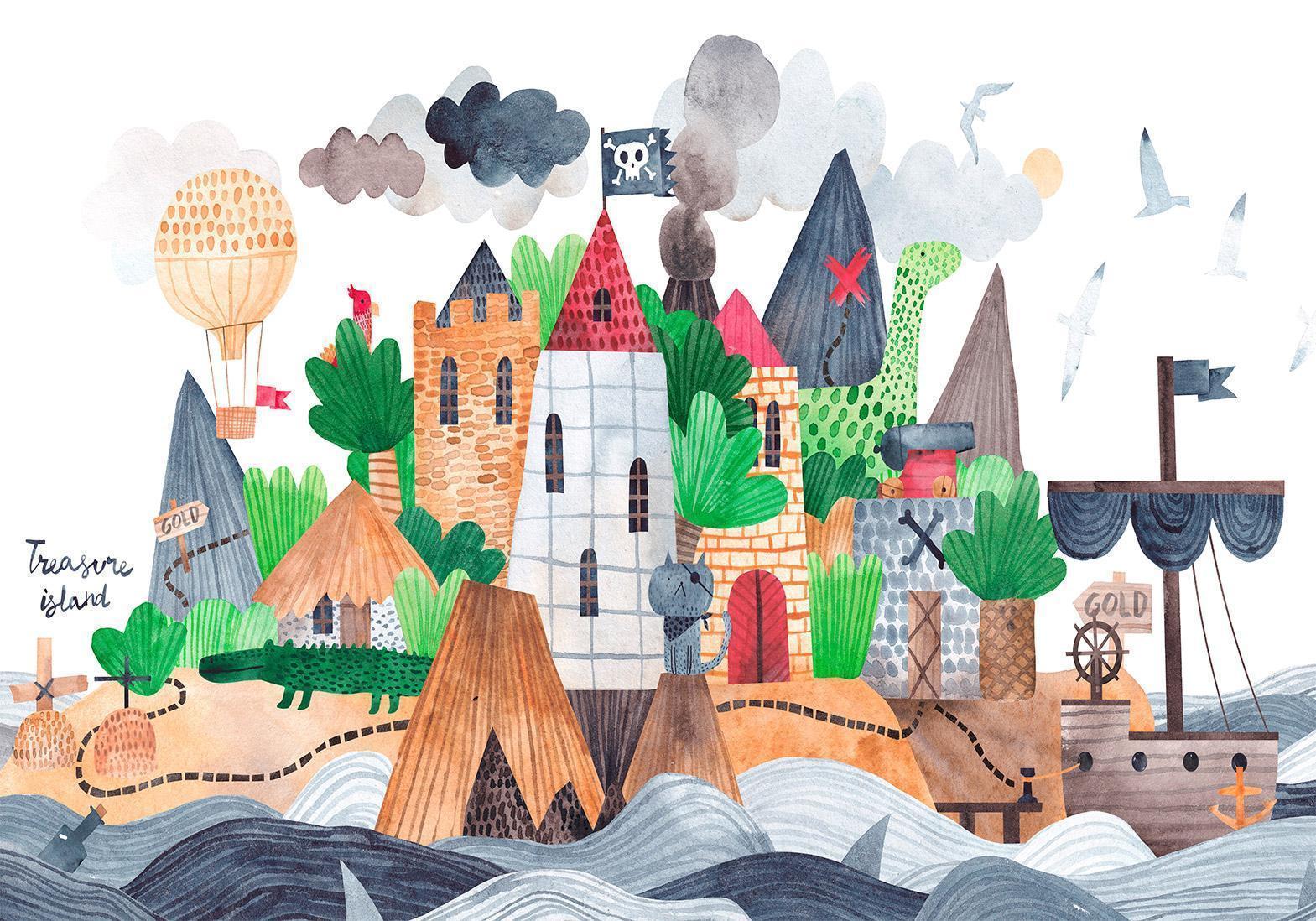 Papier peint - A colourful treasure island with a castle - a pirate ship at sea for children
