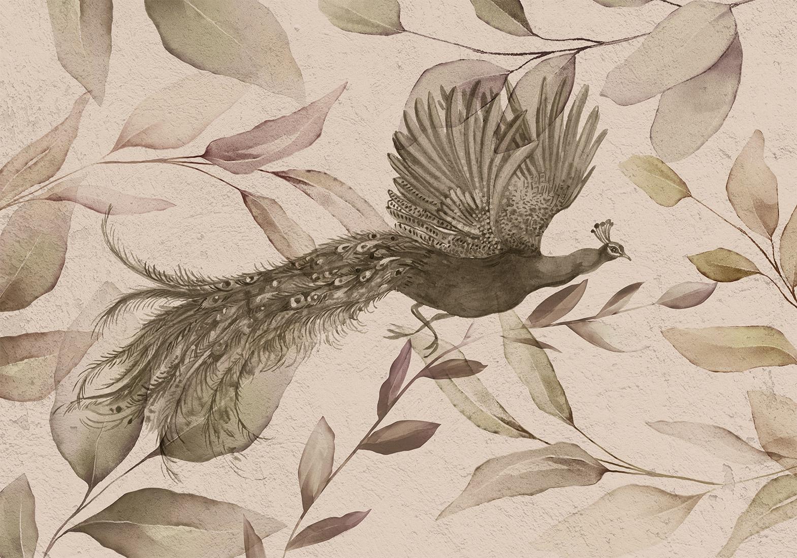 Papier peint - Bird among the leaves - floral motif with a flying peacock in cool tones