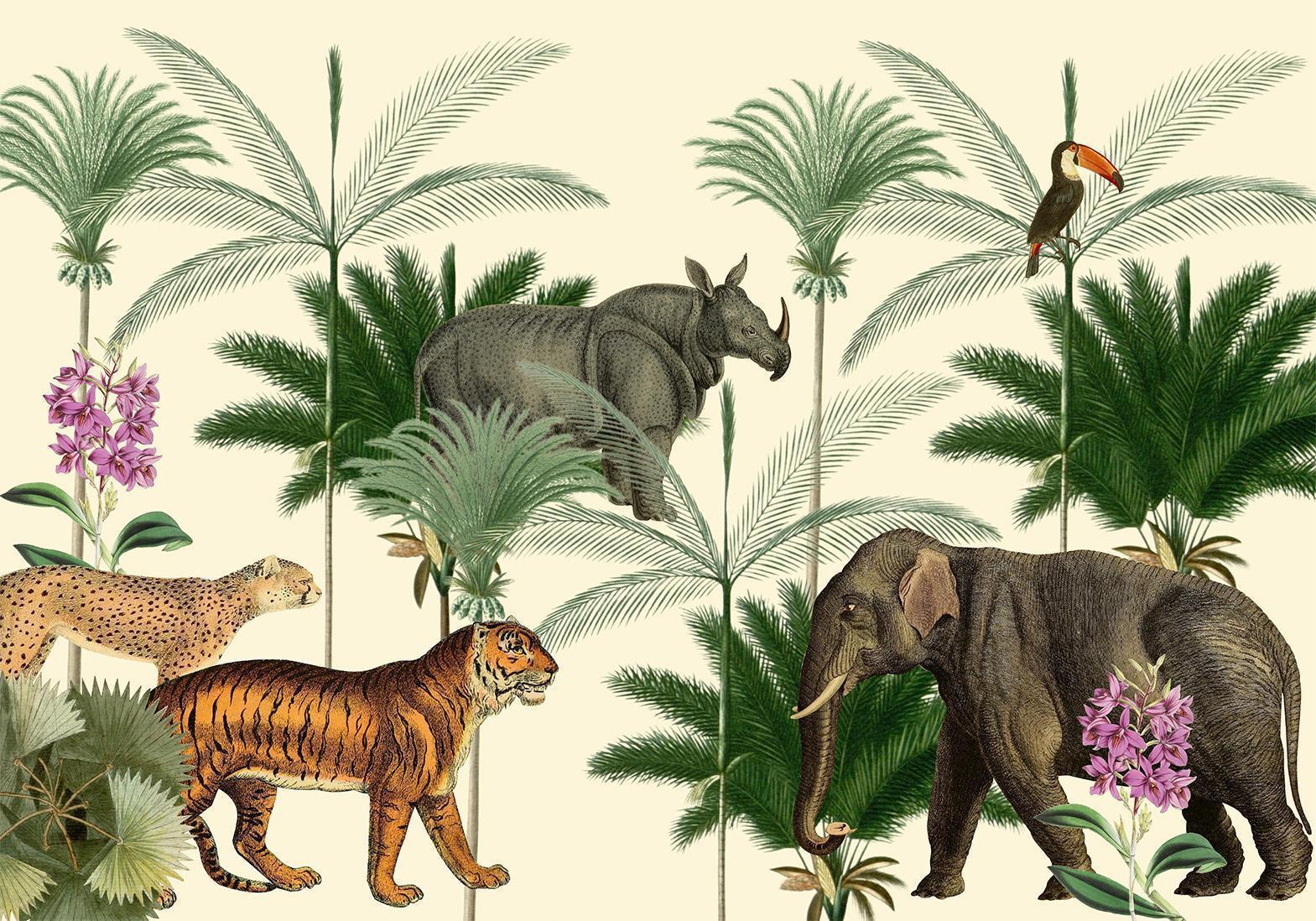 Papier peint - Jungle Land With Animals in the Style of Old Engravings