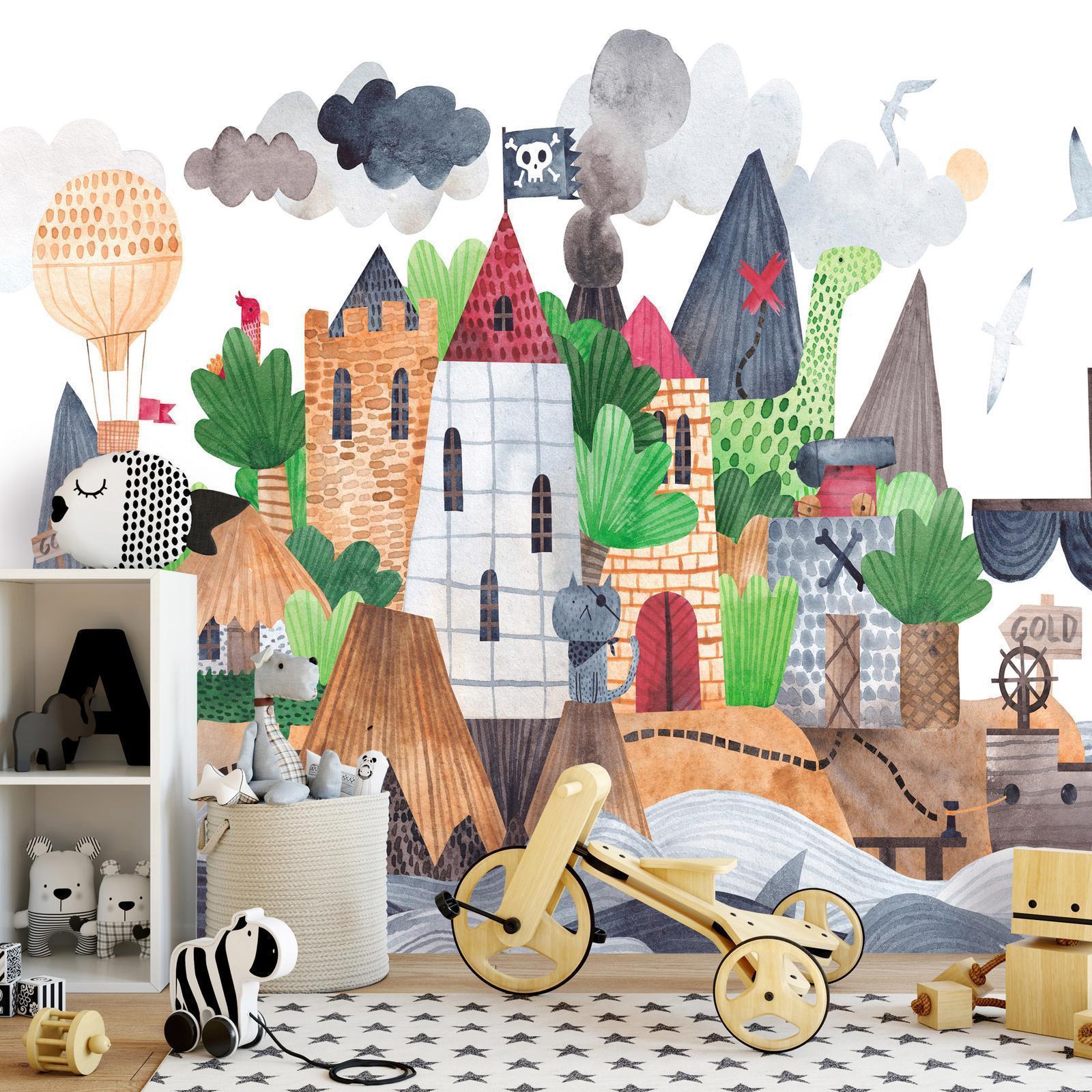 Papier peint - A colourful treasure island with a castle - a pirate ship at sea for children