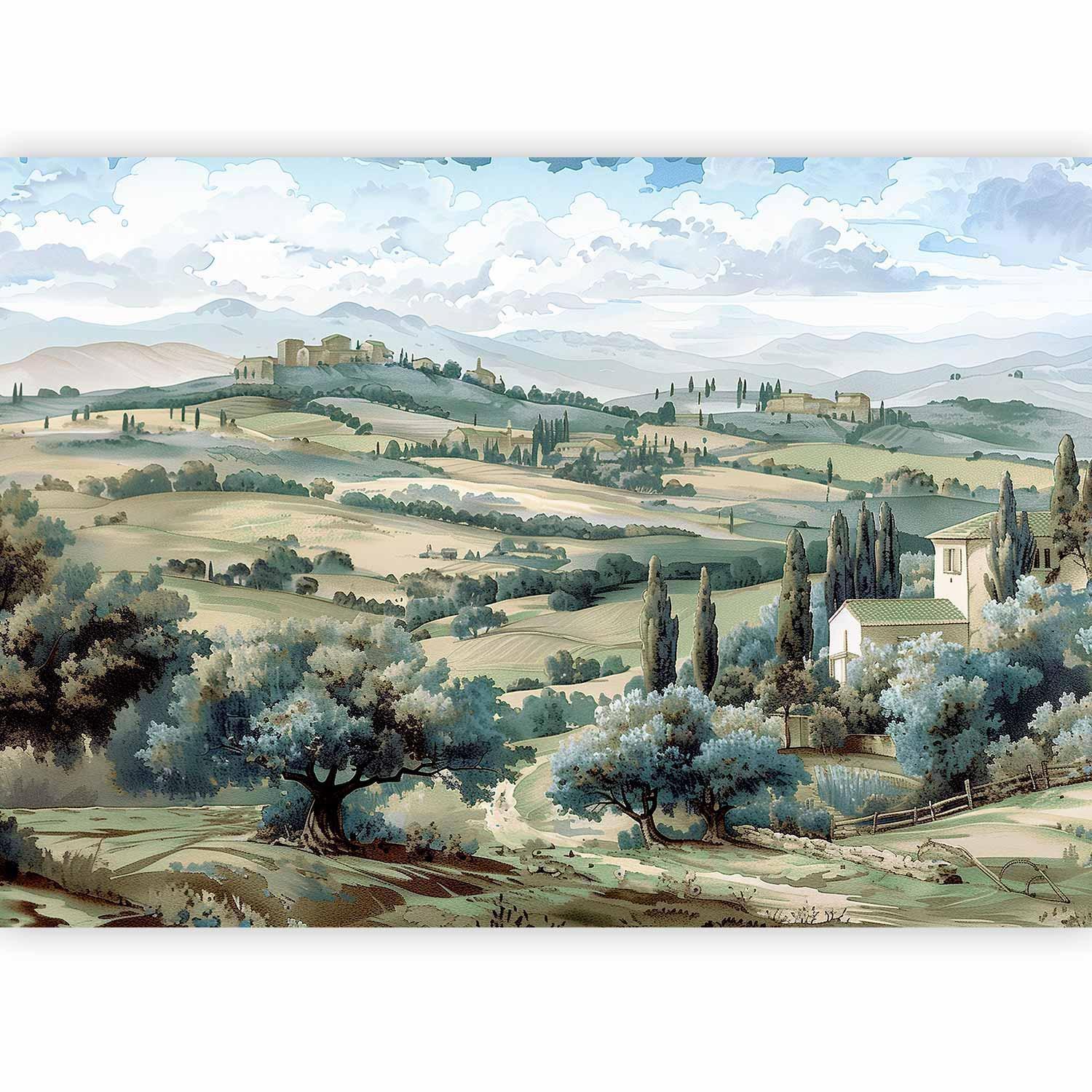 Papier peint - Landscape with Green Fields and Trees Tuscan Sunny View