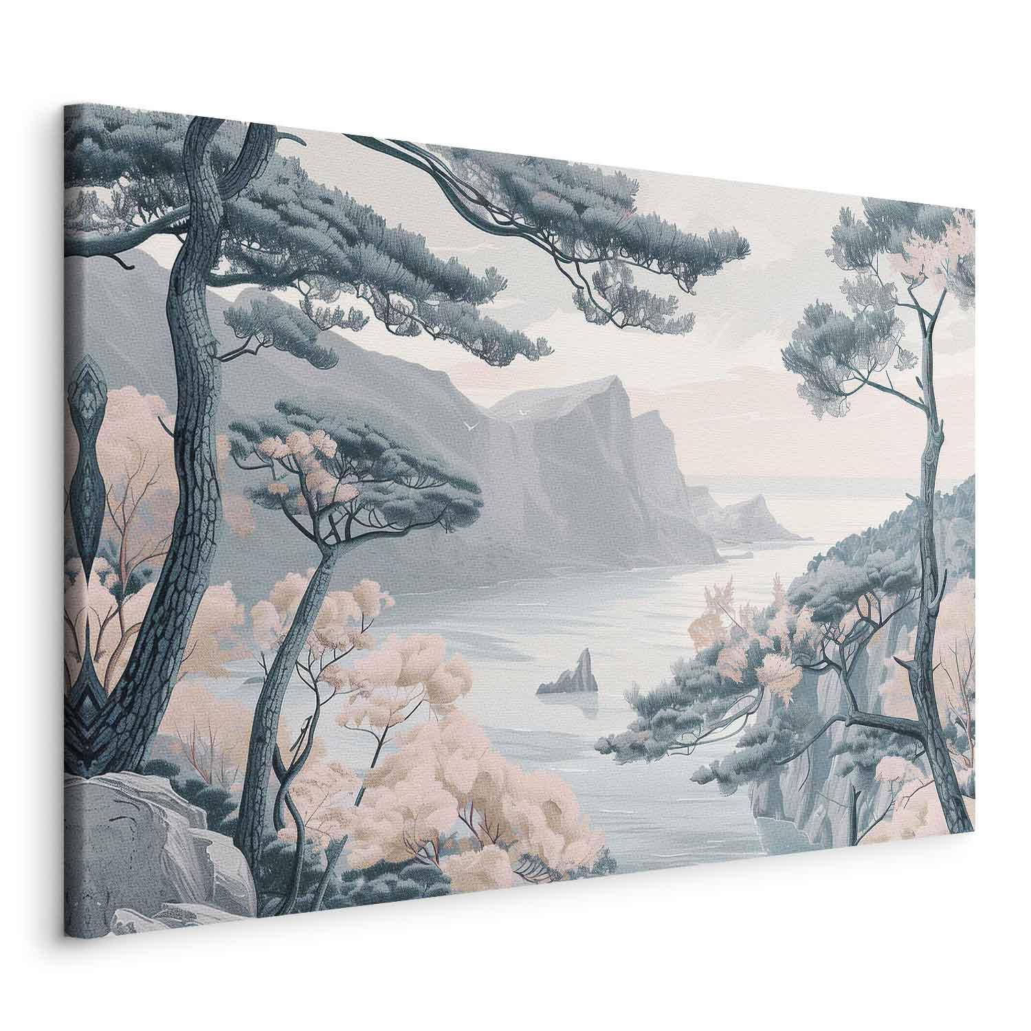 Tableau - Mountainous Coast with Trees and Rocks in Light Pastel Blues