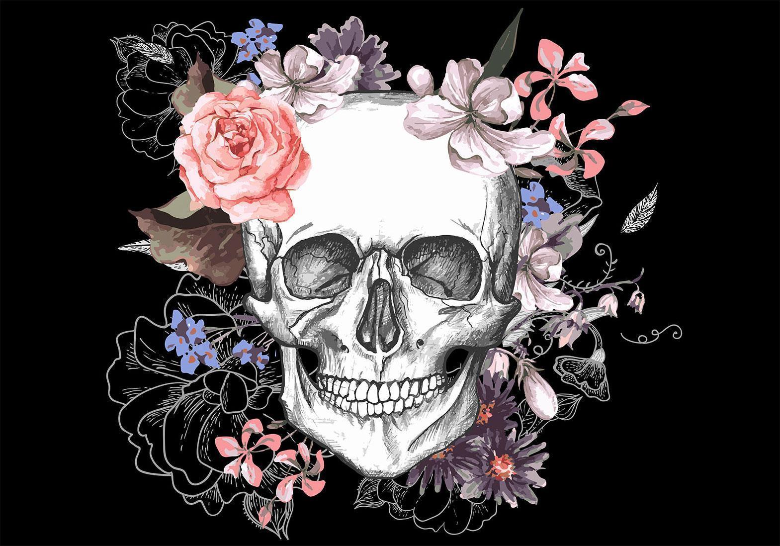 Papier peint - Skull and Flowers