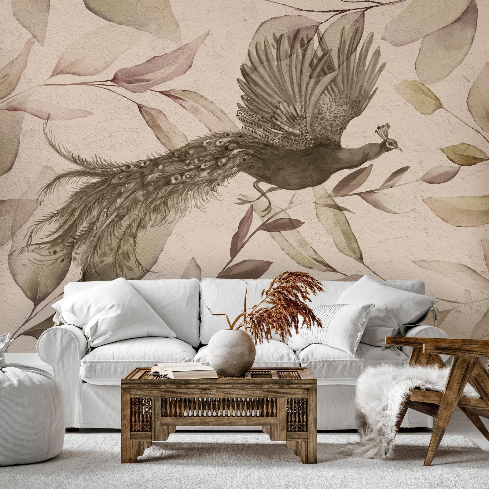 Papier peint - Bird among the leaves - floral motif with a flying peacock in cool tones