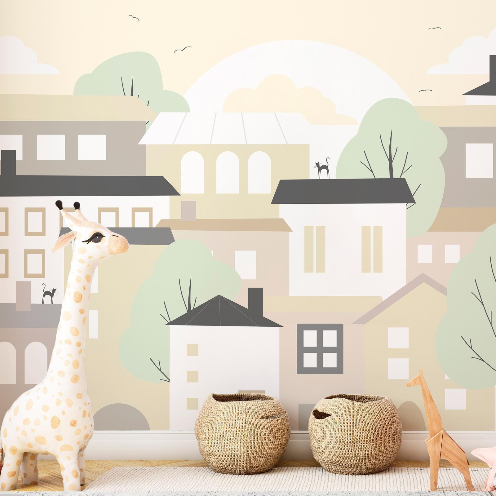 Papier peint - Yellow town - city suburb with trees and cats for children