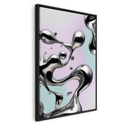 Tableau - Metallic Fluidity - Abstract Silver Forms on a Mint-Purple Background