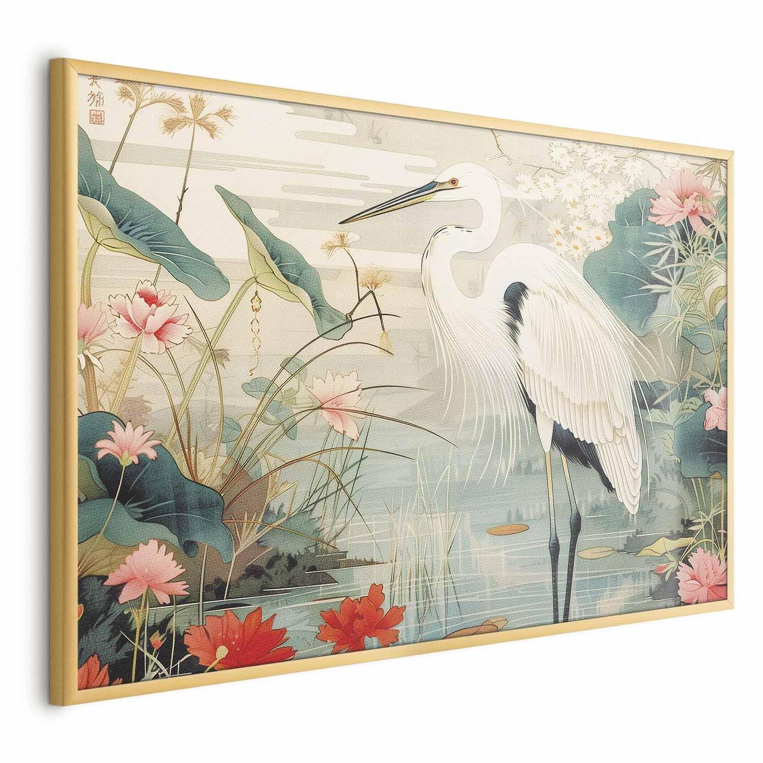 Poster - Over the Asian Pond - illustration in the Japanese print style featuring a heron