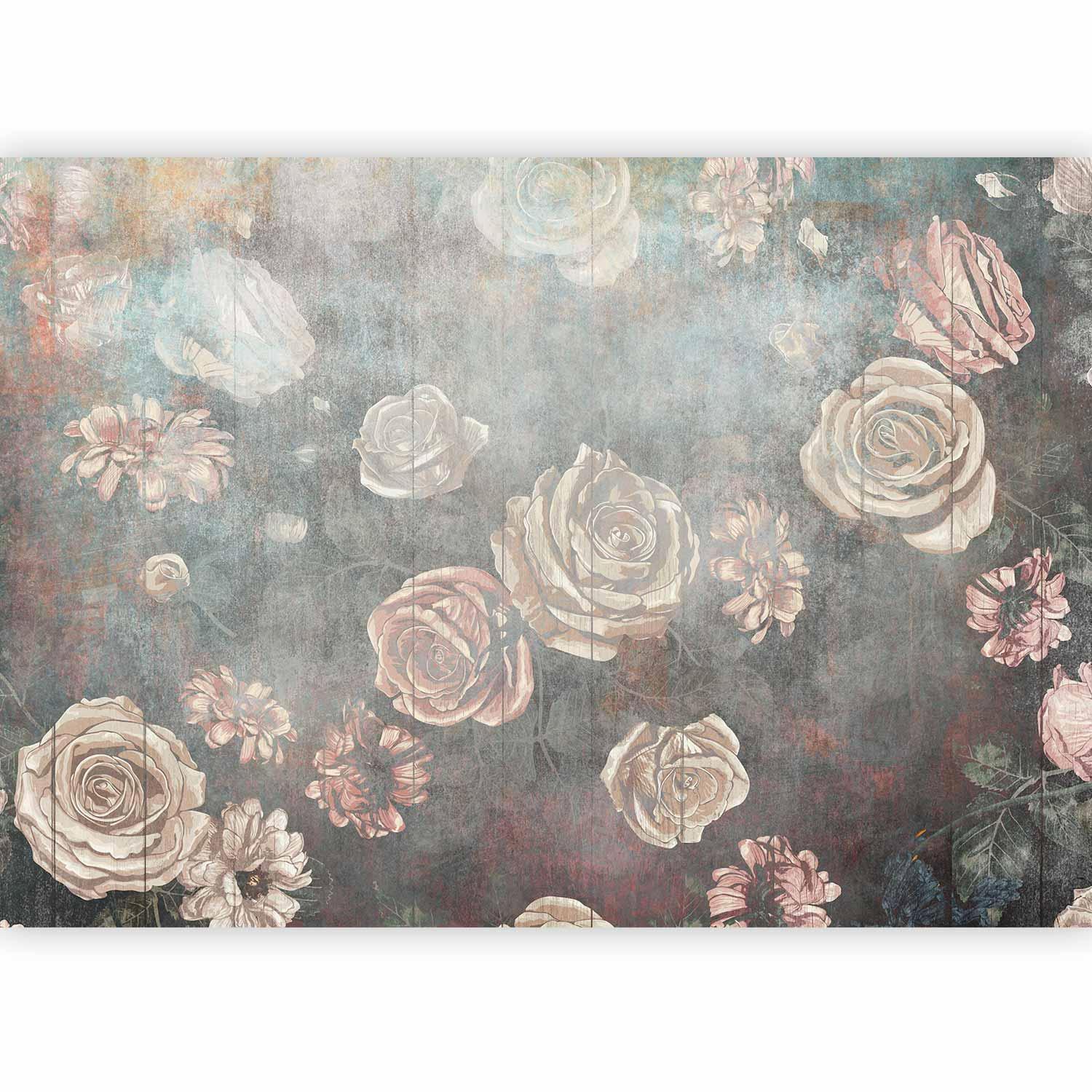 Papier peint - Misty nature - muted rose flowers on a background in grey tones