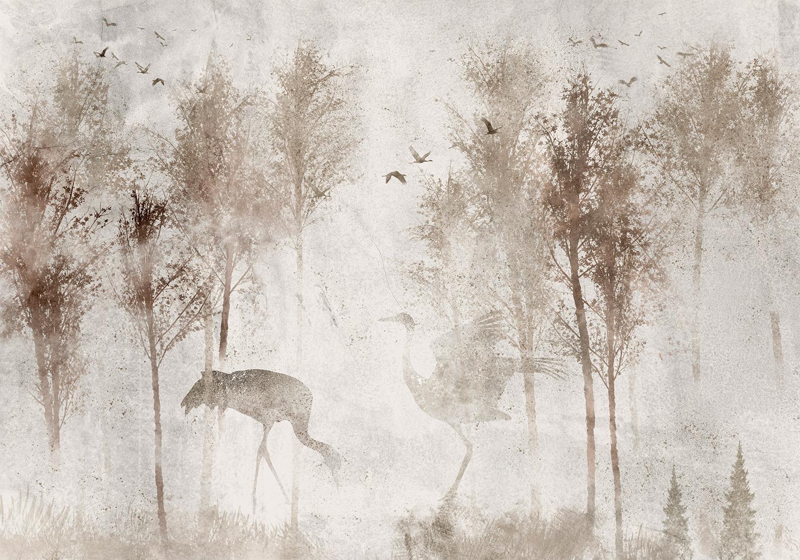 Papier peint - Among the trees - landscape in grey tones in fog in a clearing with birds