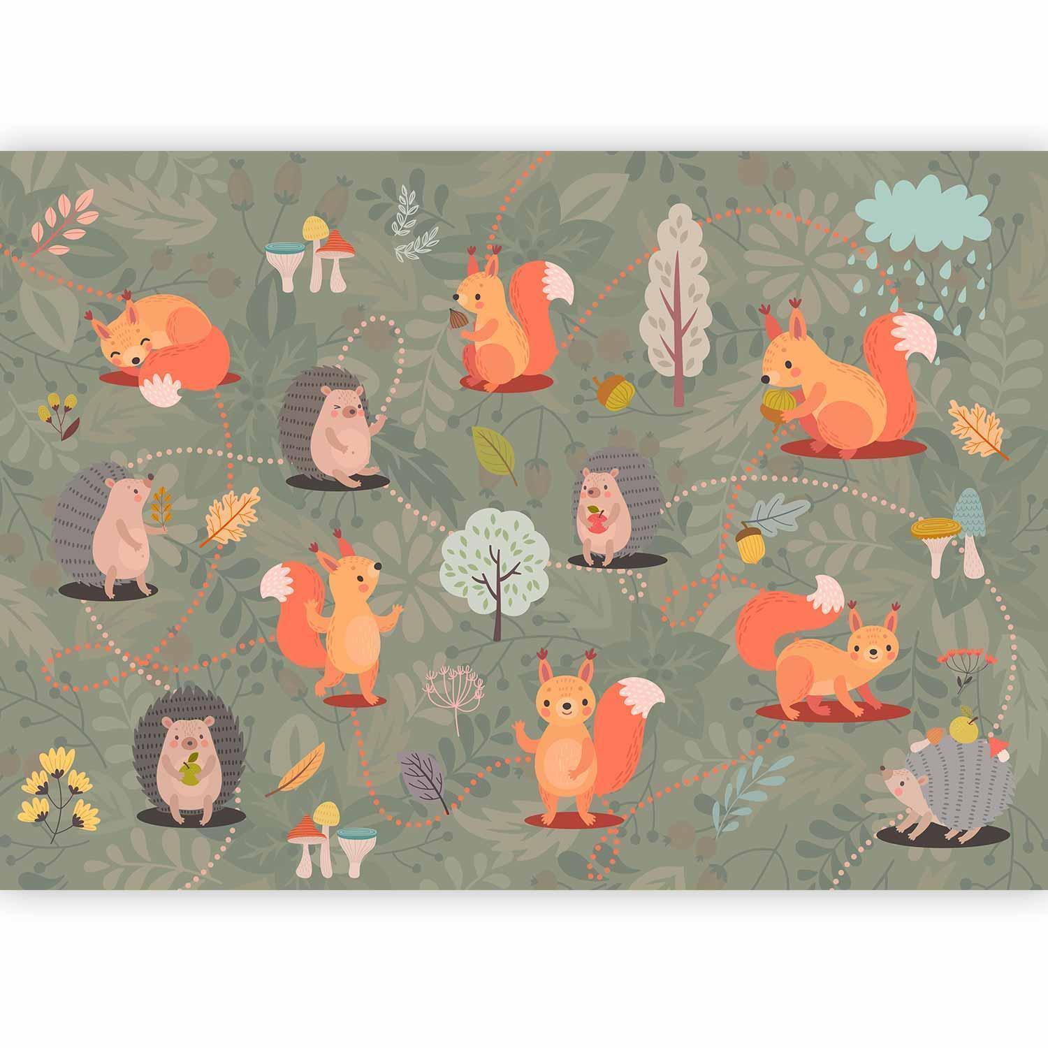 Papier peint - Friends from the forest - colourful forest with mushrooms and animals for children