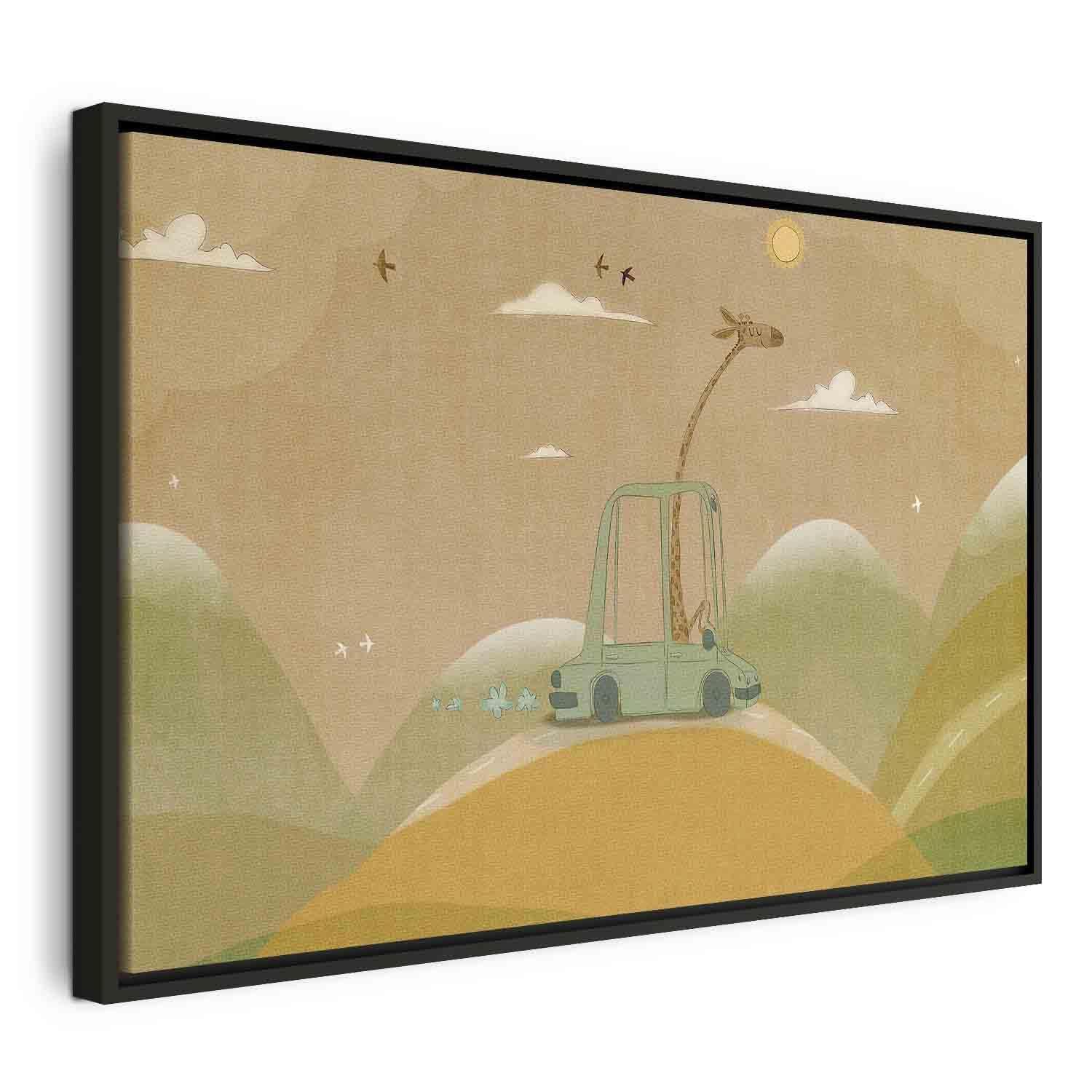 Tableau - Dreamy Traveler - A Cheerful Giraffe Driving a Car on a Sunny Day