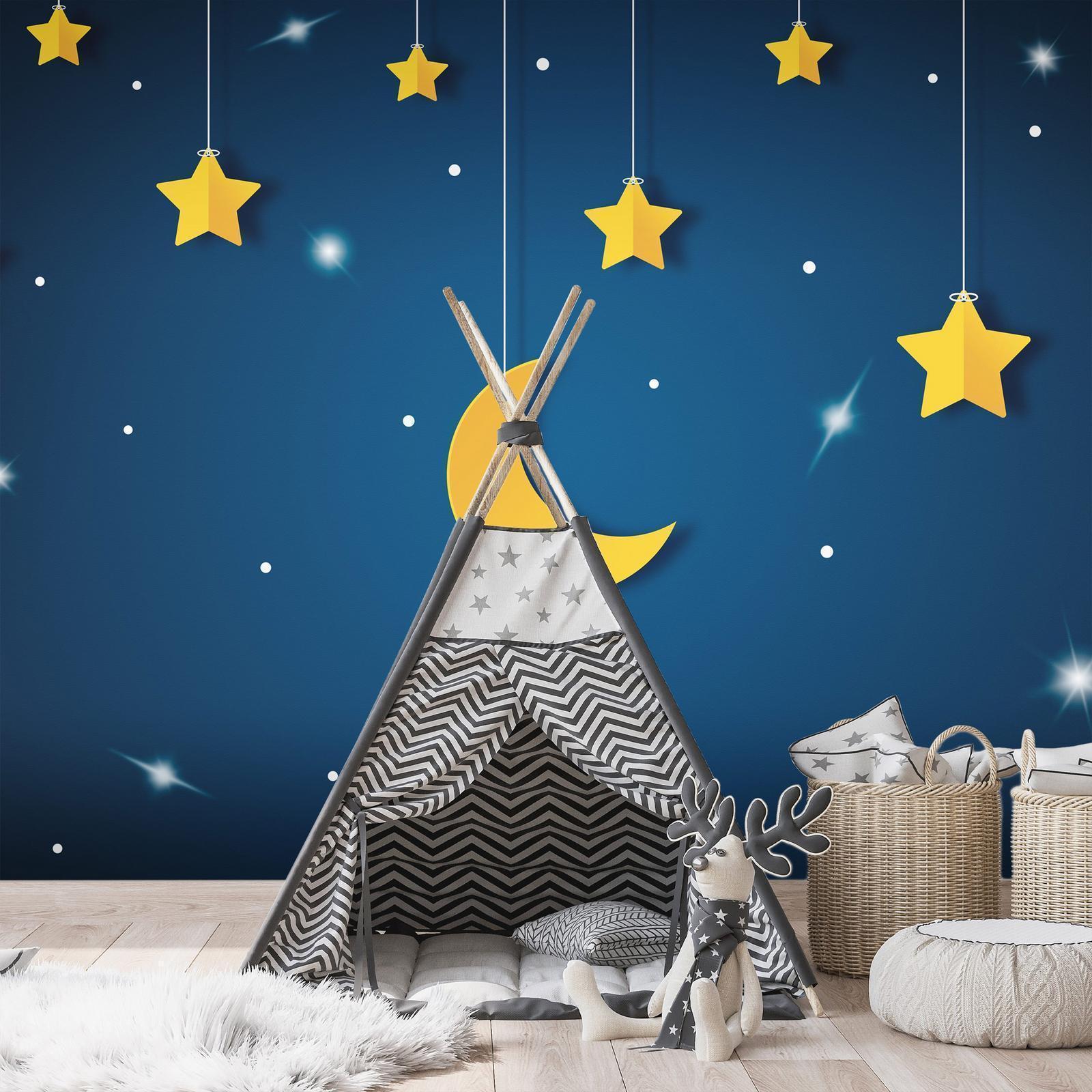 Papier peint - Skyline - night sky landscape with stars and moon for children