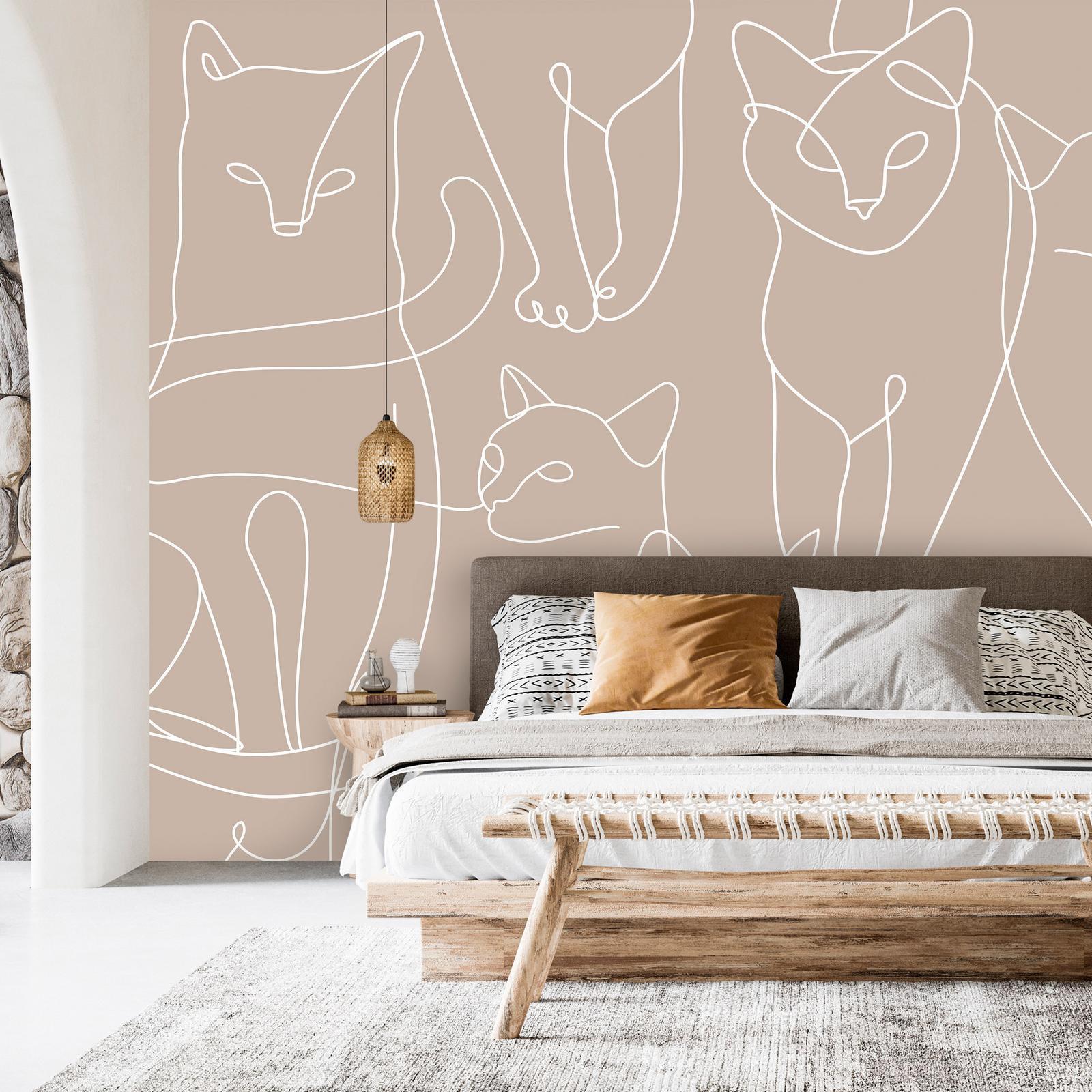 Papier peint - Cat lineart - minimalist sketches of white cats on beige background