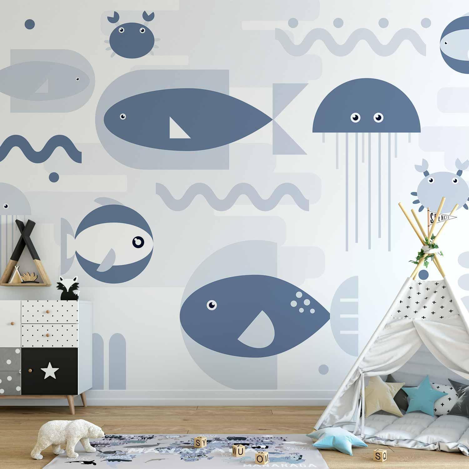 Papier peint - Minimalist ocean - geometric fish and crabs in water for kids