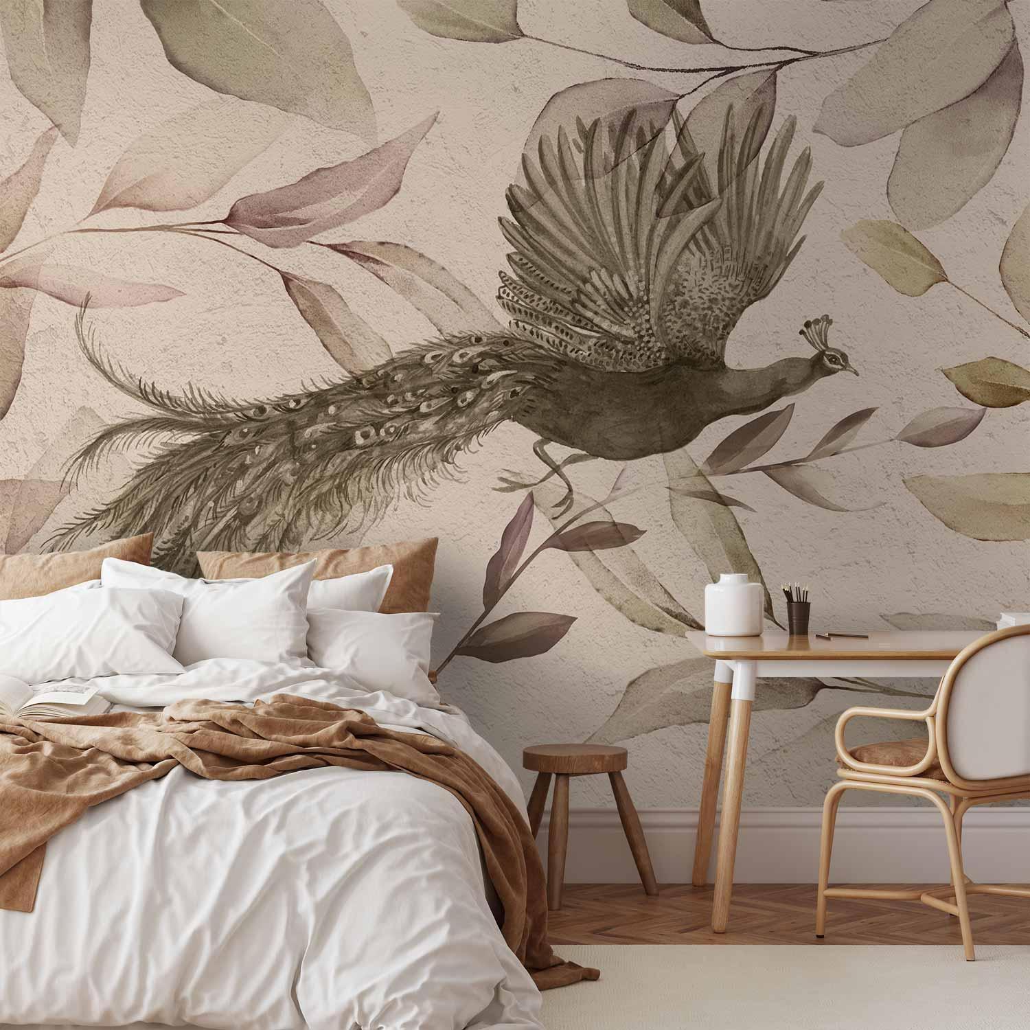 Papier peint - Bird among the leaves - floral motif with a flying peacock in cool tones