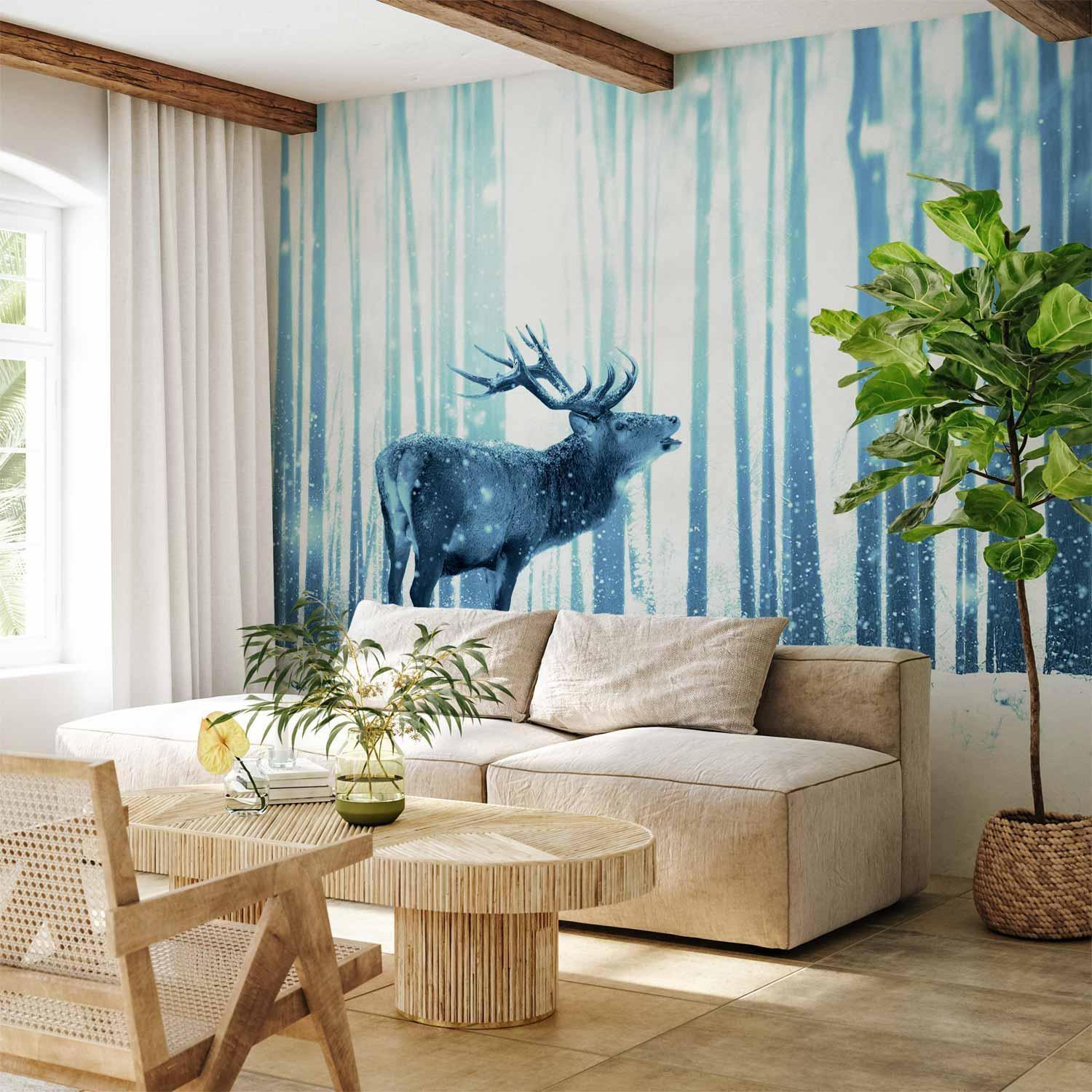 Papier peint - Winter animals - deer motif on a forest background in shades of blue