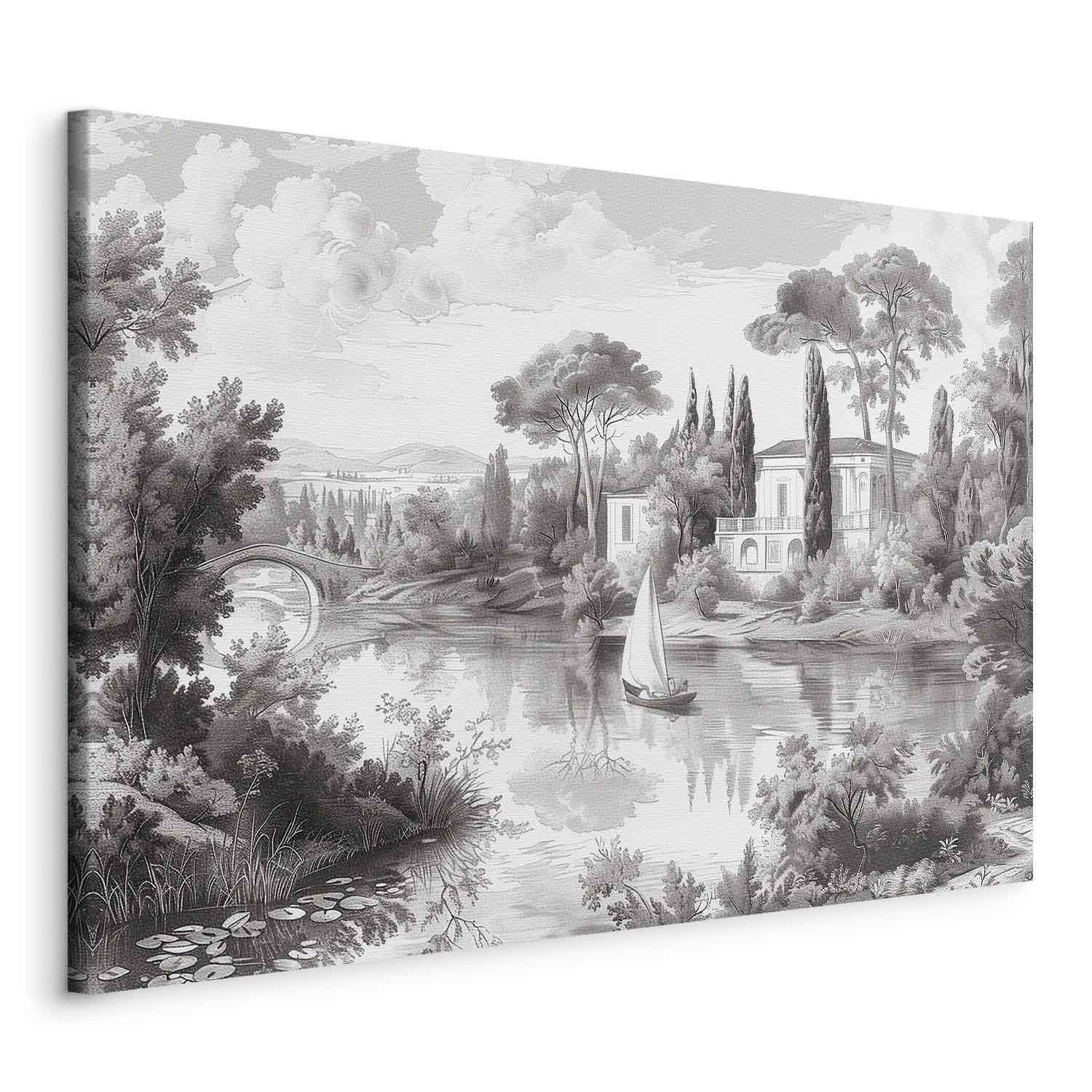 Tableau - Black and White Vintage Landscape Retro View of a Pond with a Boat