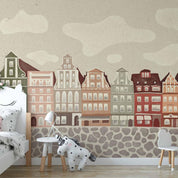 Papier peint - Salt Square - Colorful Illustrated Townhouses Against a Cloudy Sky Background