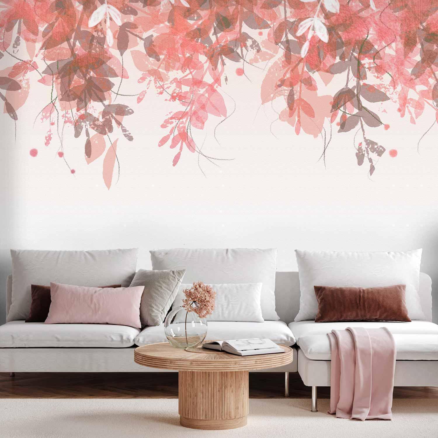 Papier peint - Under vegetation - hanging vines of pink leaves on a neutral background