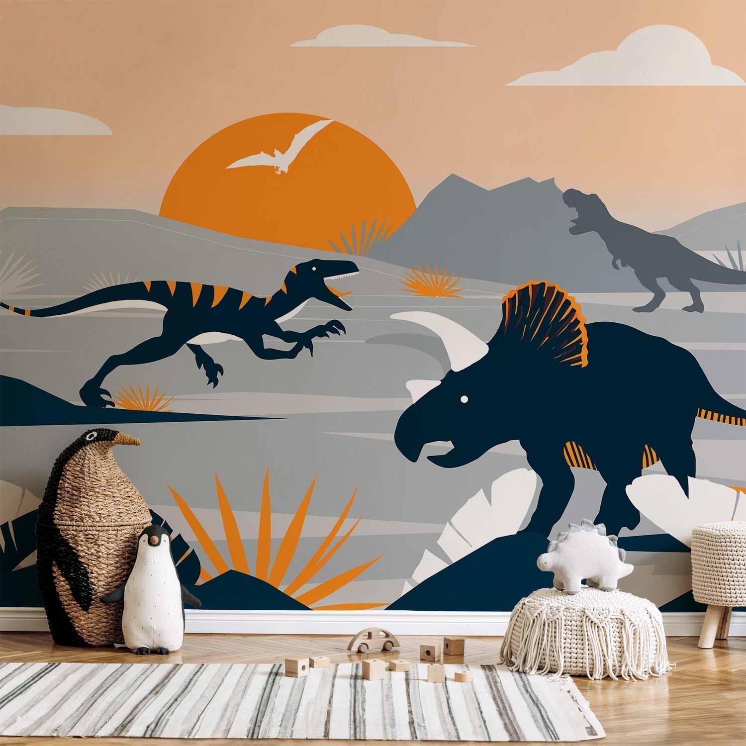 Papier peint - Last dinosaurs with orange - abstract landscape for a room