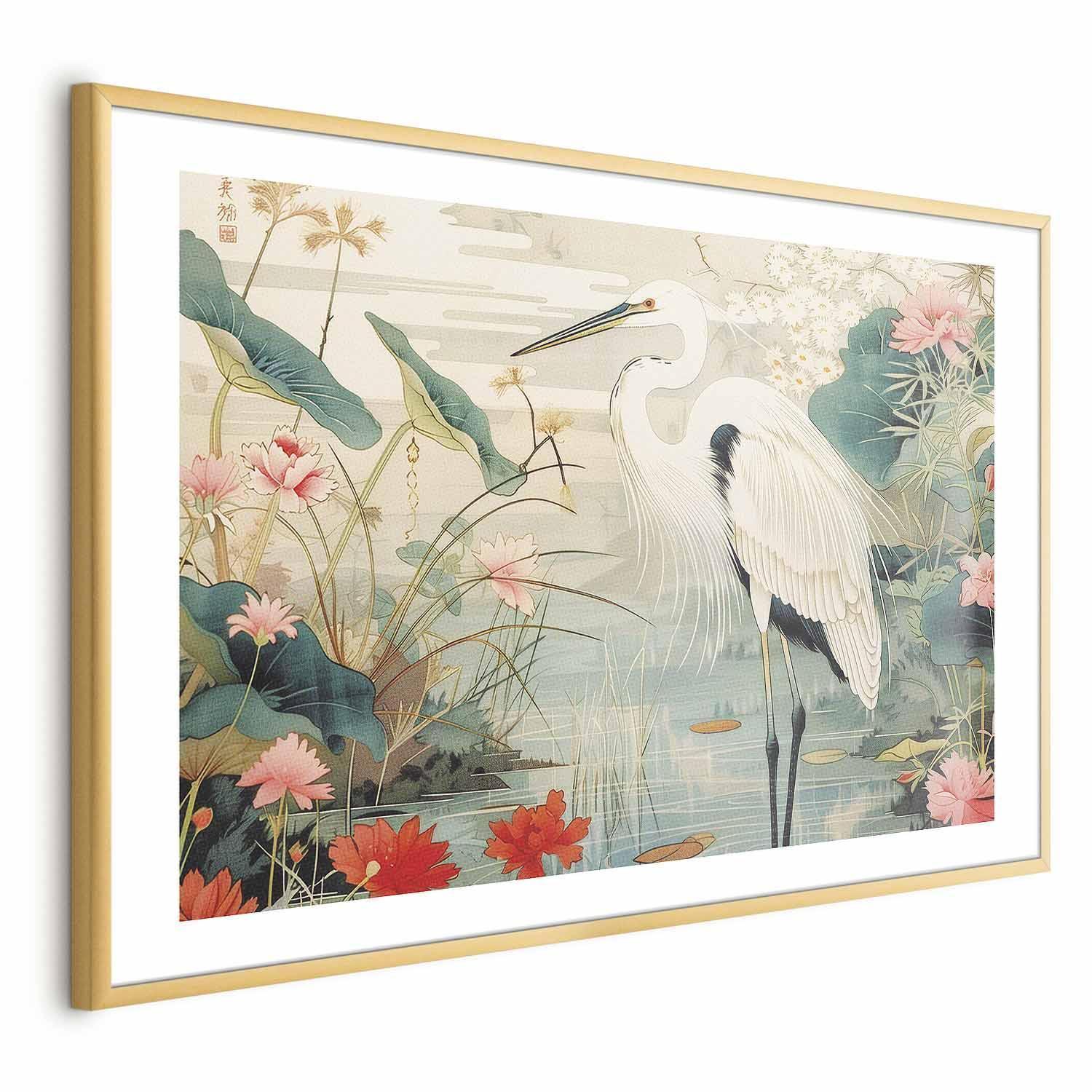 Poster - Over the Asian Pond - illustration in the Japanese print style featuring a heron