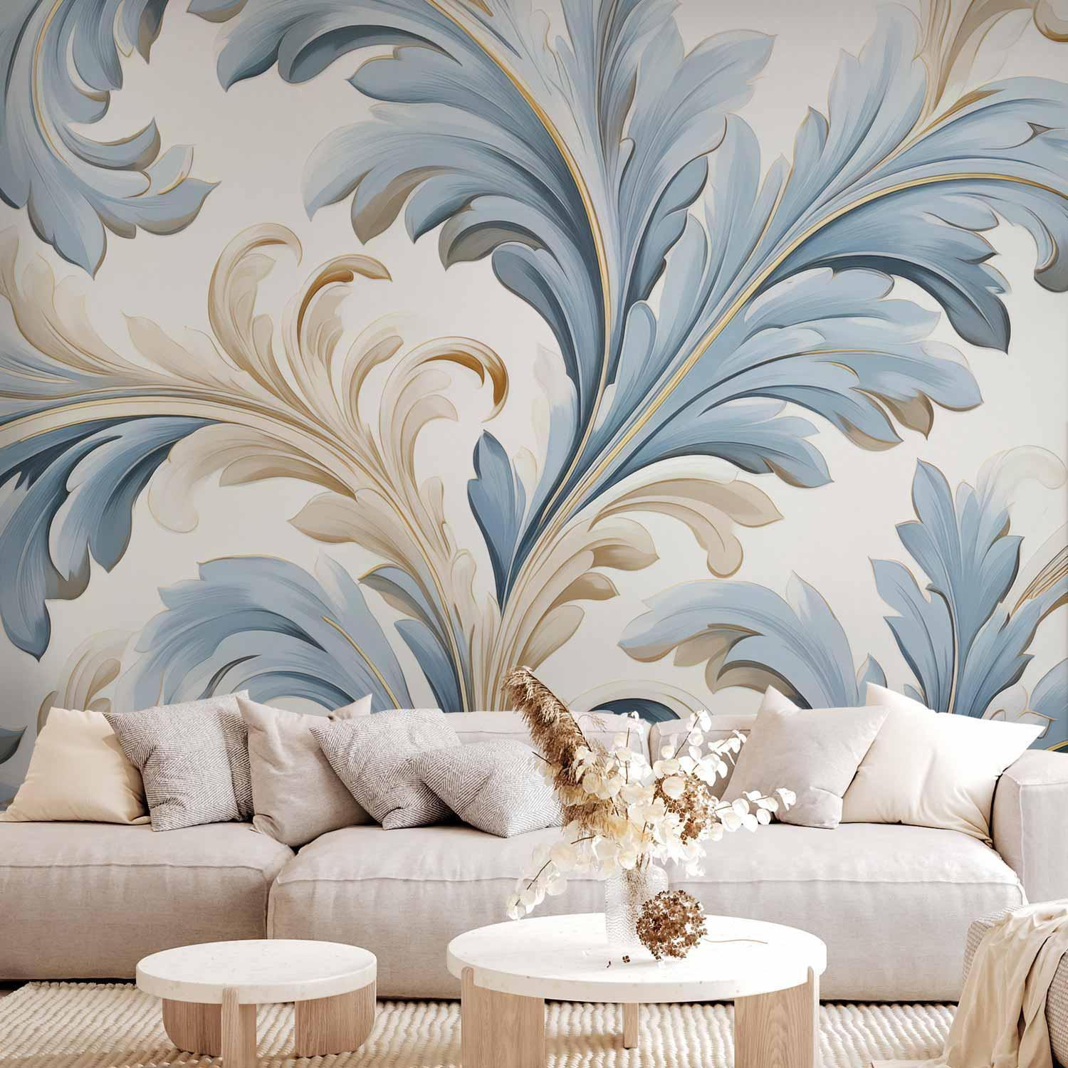 Papier peint - Baroque Ornaments in Light Cream-Blue Hues