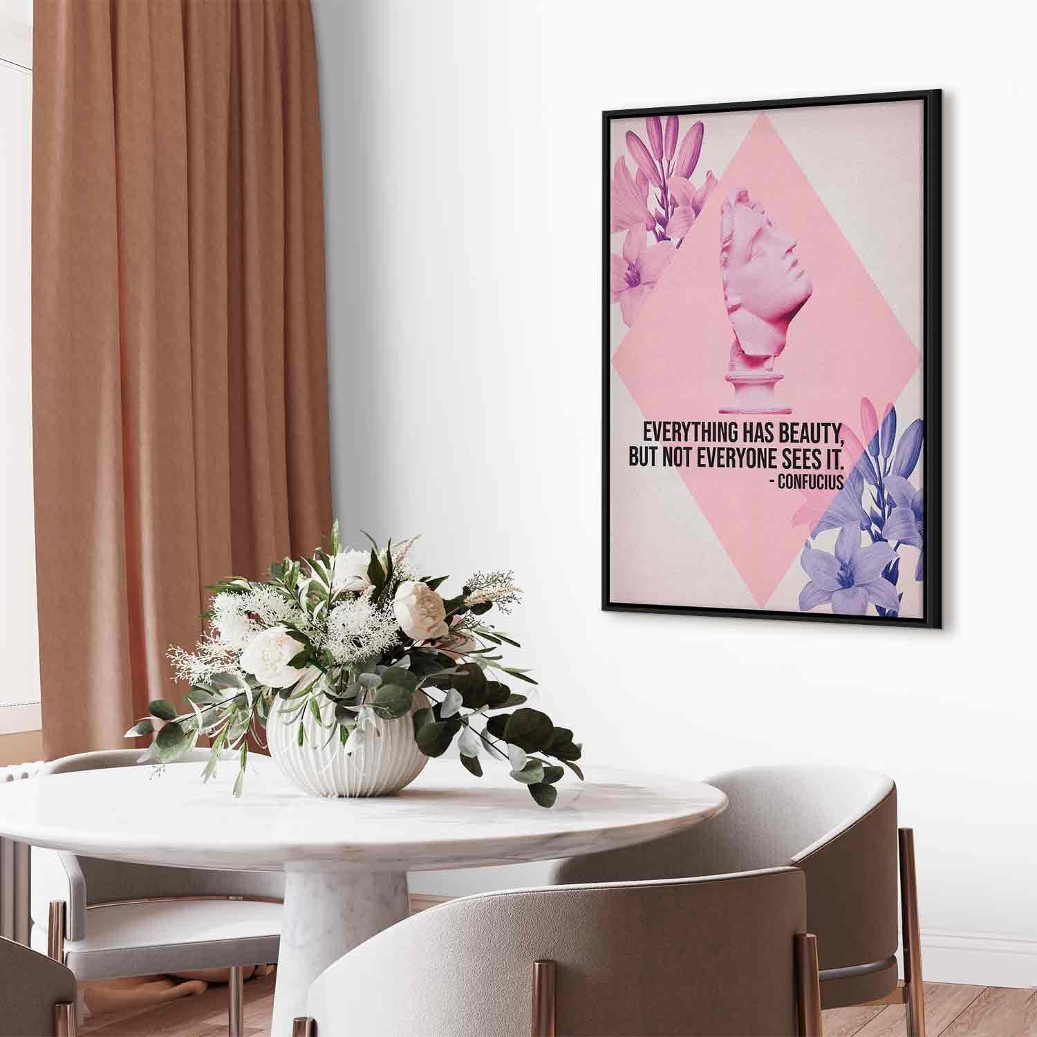 Tableau - Beauty in the Eyes - Inspirational Quote with Pink Bust and Flowers