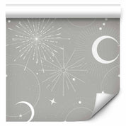 Tapisserie murale - Cosmic Fireworks - Elegant pattern with moons and stars on a gray background