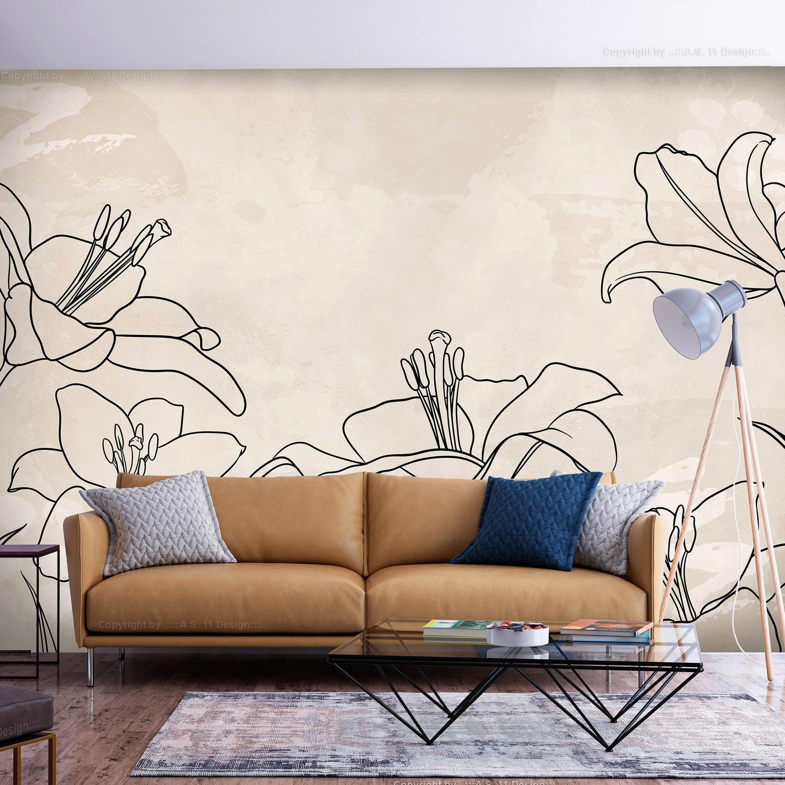 Papier peint - Sketch of nature - minimalist lineart with lily flowers on a beige background