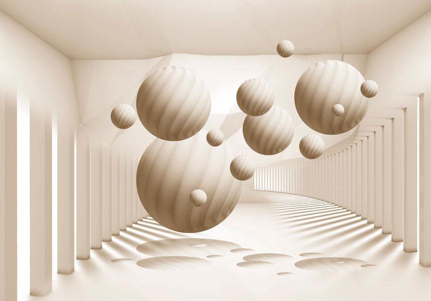 Papier peint - 3D Abstraction - Beige spheres with shadow in a bright space with columns