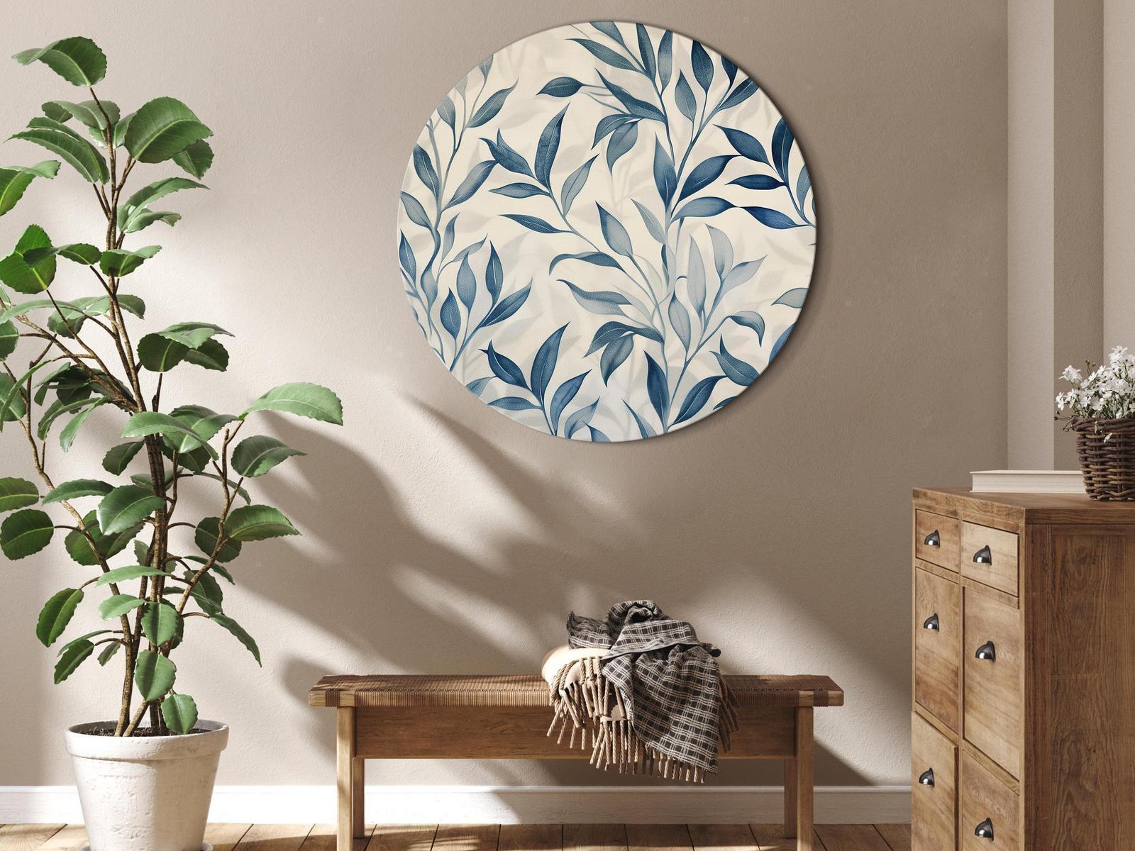 Tableau rond - Leaves in Blue Colors Delicate Botanical Motif