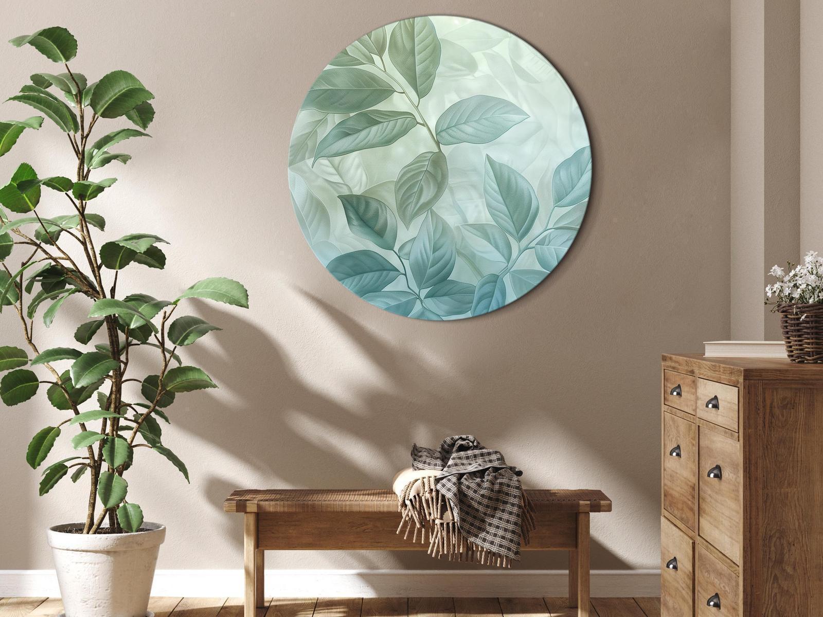 Tableau rond - Large Leaves in Shades of Green-Mint: Botanical Motif