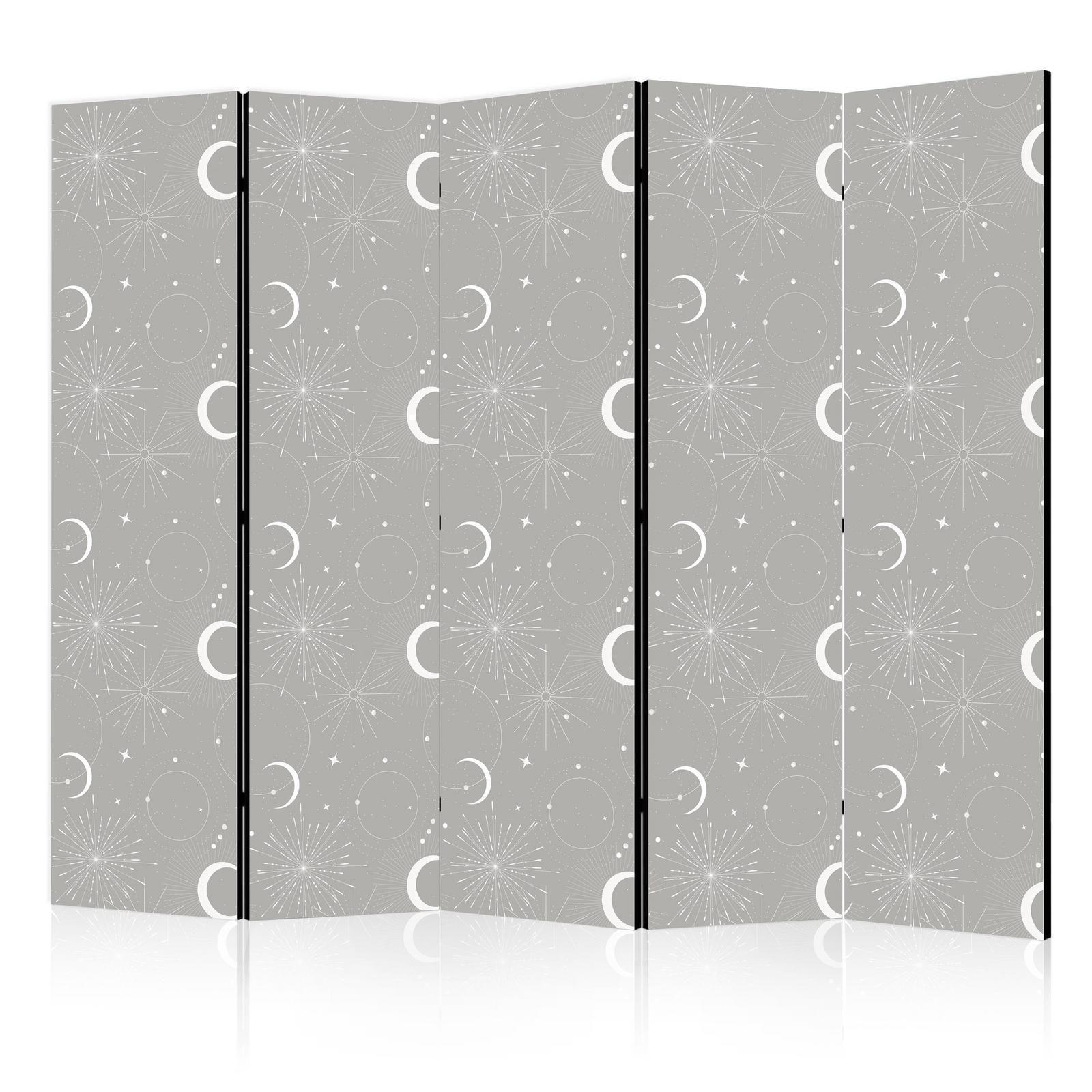 Paravent - Cosmic Fireworks - Elegant Pattern with Moons and Stars on a Gray Background