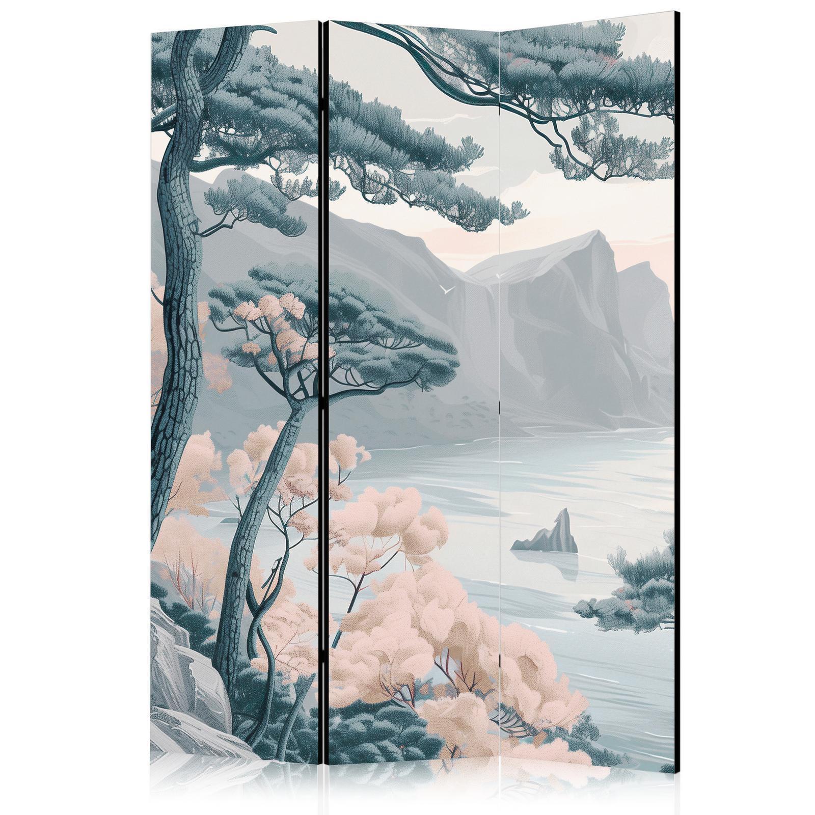 Paravent - Mountainous Coast with Trees and Rocks - in Light Pastel Blues