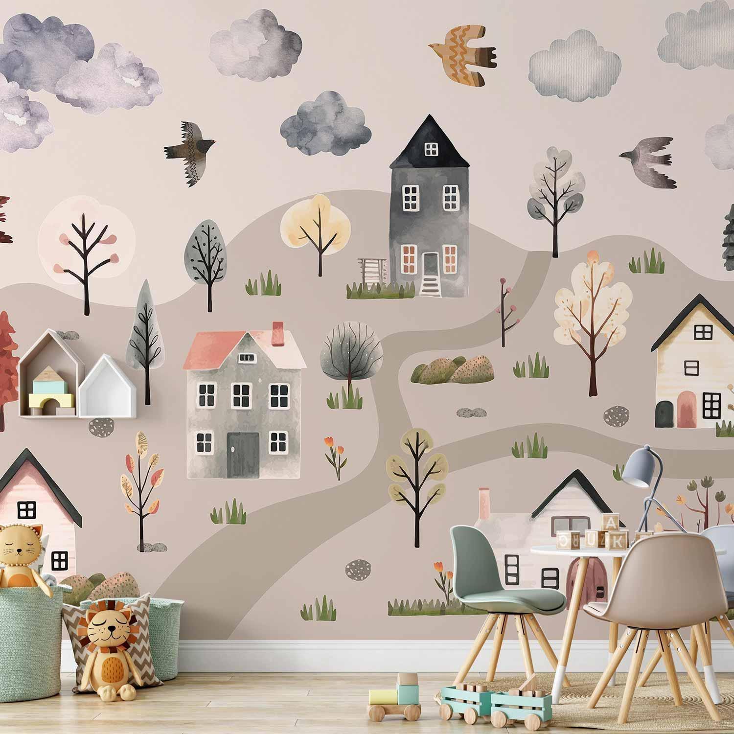 Papier peint - Scandinavian Valley - Village in Pastel Colours Painted in Watercolours