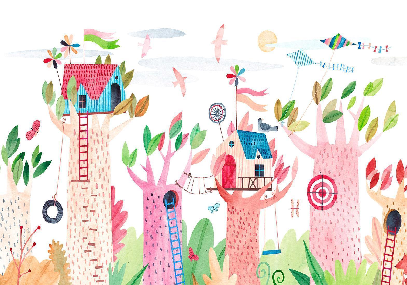 Papier peint - Painted tree houses - a colourful fantasy with kites for children