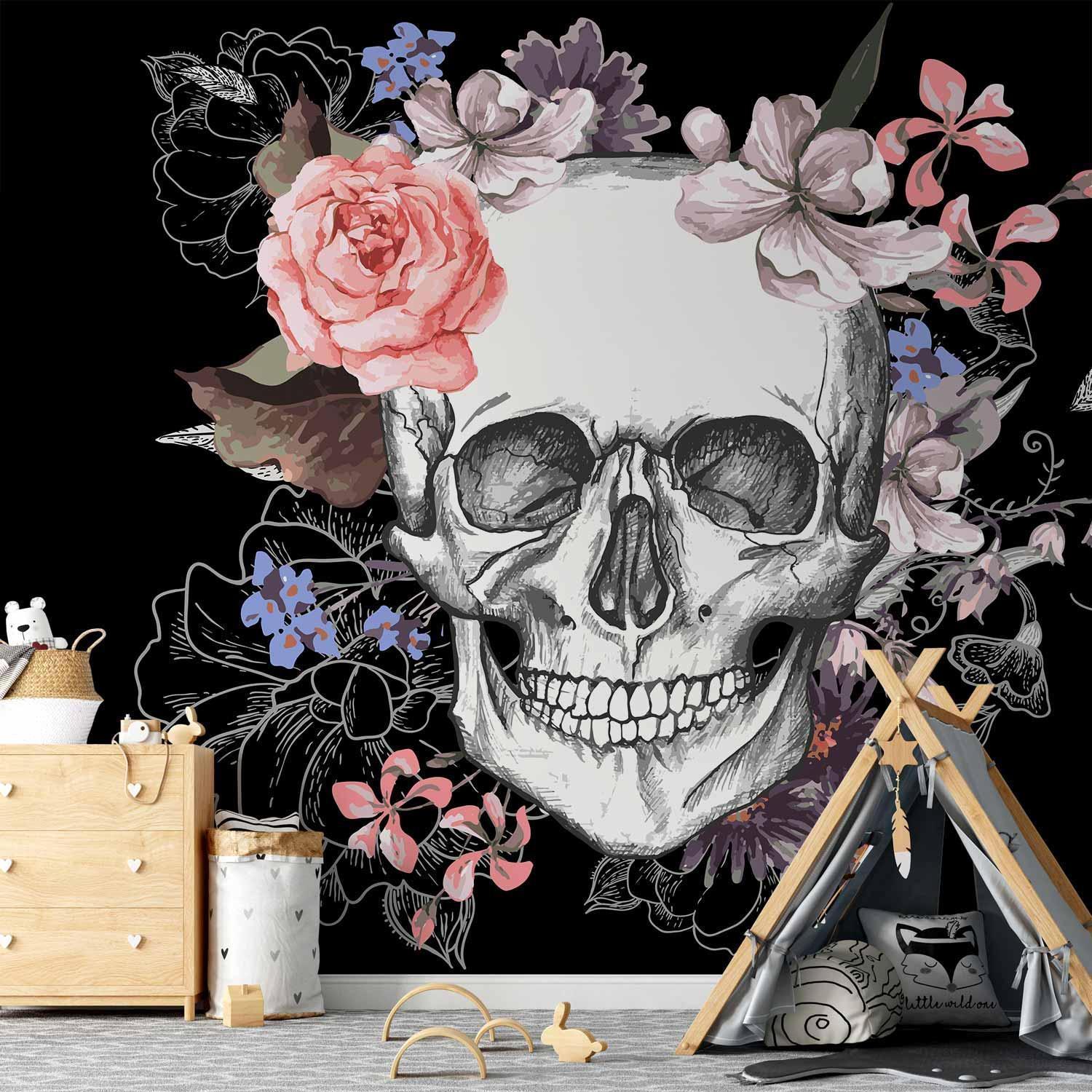 Papier peint - Skull and Flowers