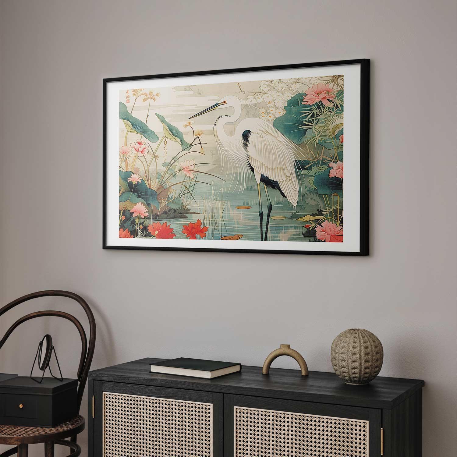 Poster - Over the Asian Pond - illustration in the Japanese print style featuring a heron