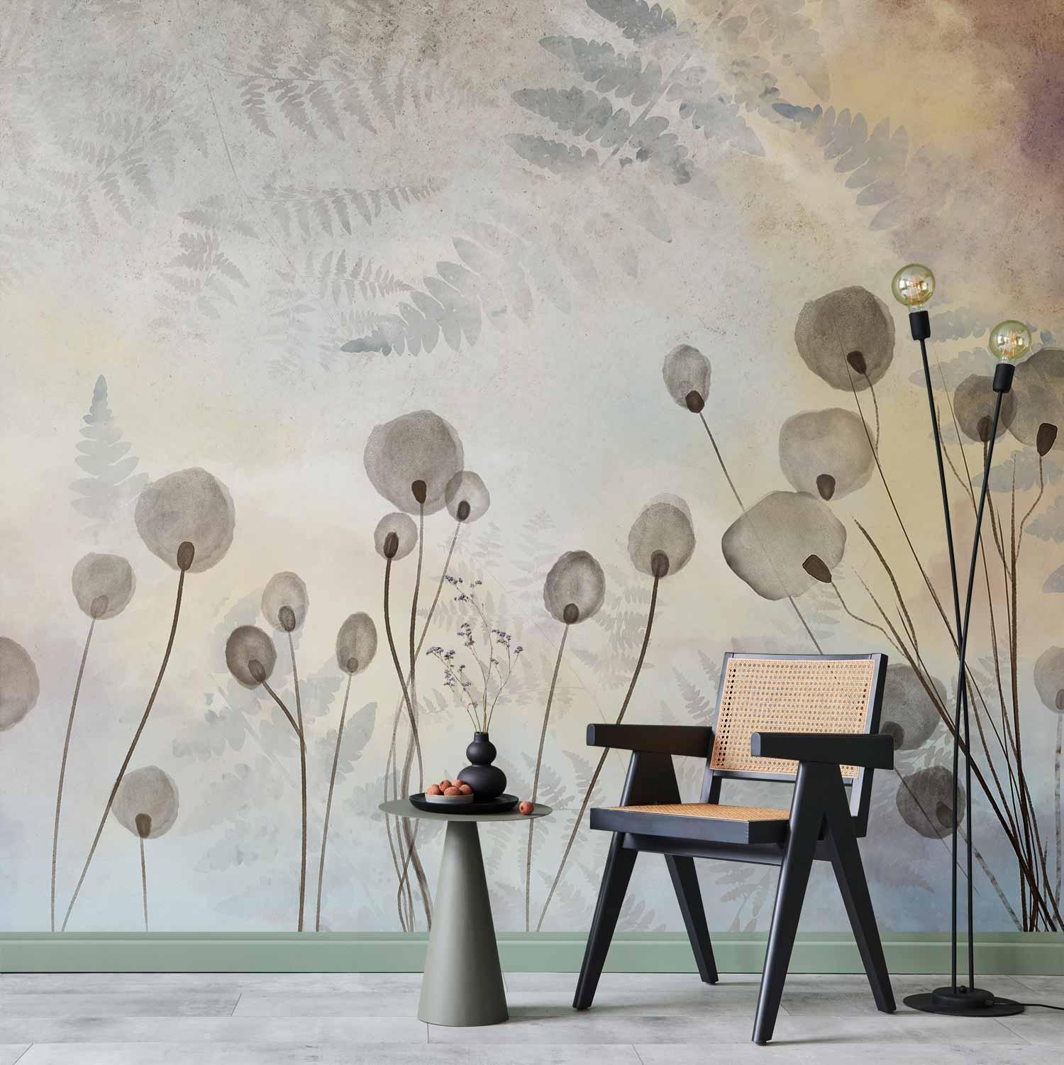 Papier peint - Minimalist meadow - floral motif in light shades with reflections