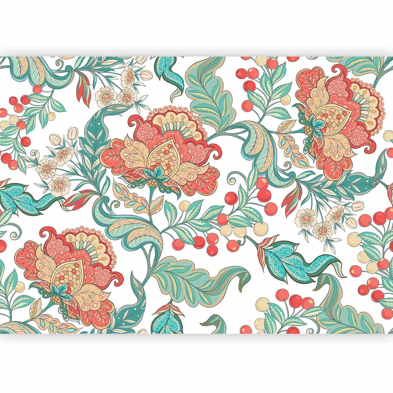 Papier peint - Ethnic vegetation - plant motif with ornaments in coloured flowers