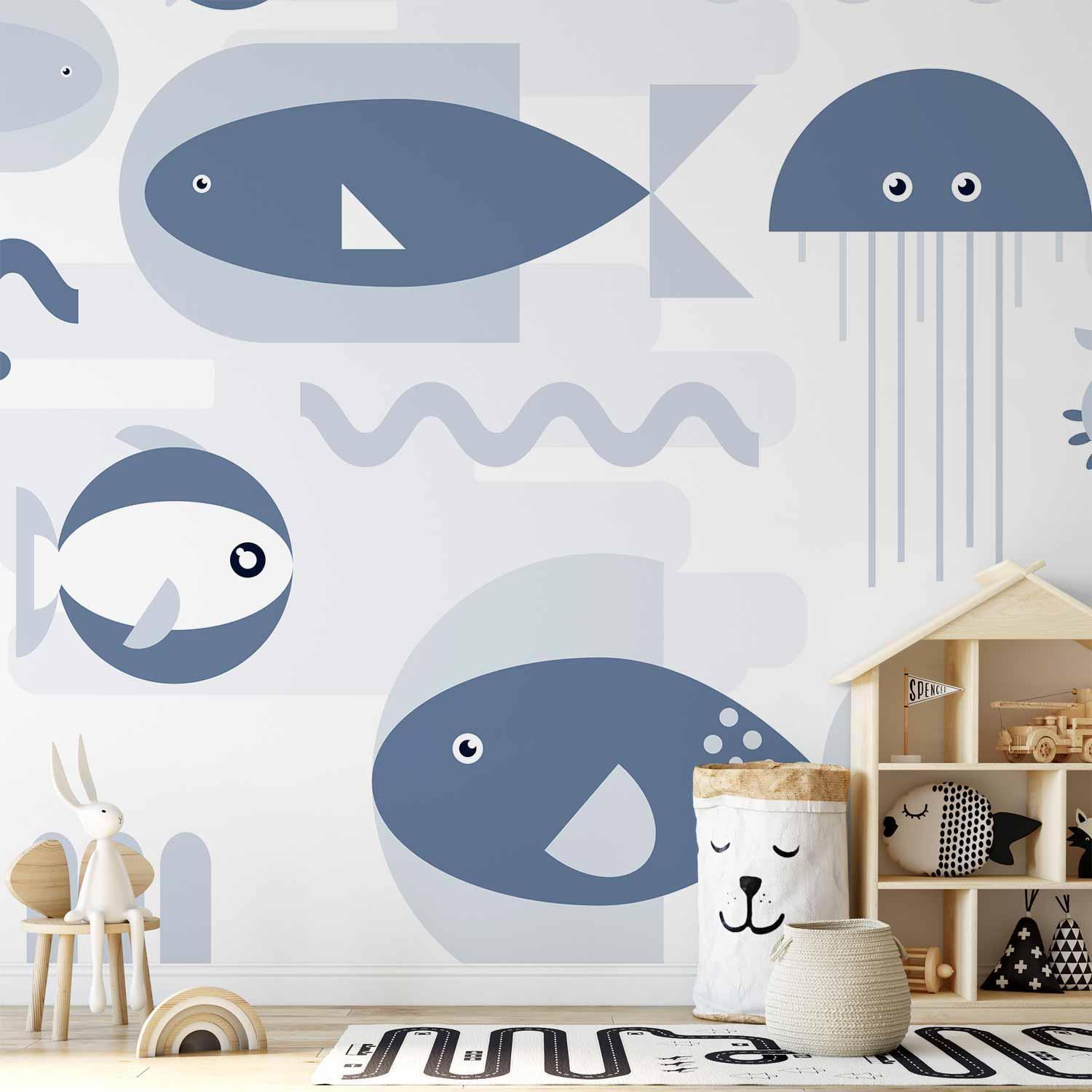 Papier peint - Minimalist ocean - geometric fish and crabs in water for kids