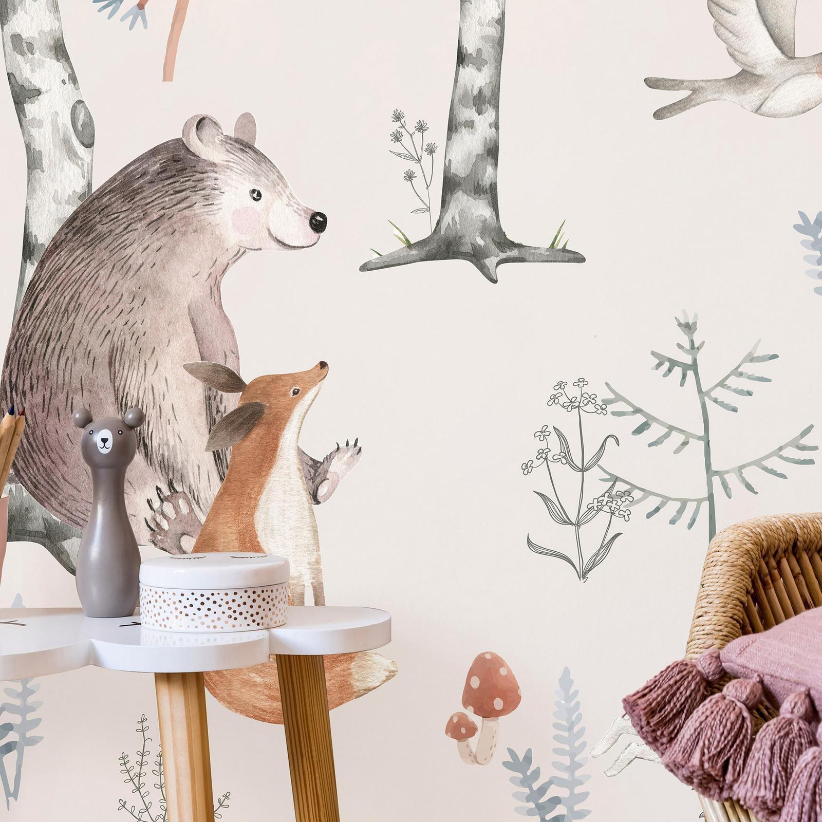 Papier peint - Forest Land With Animals Painted in Watercolours