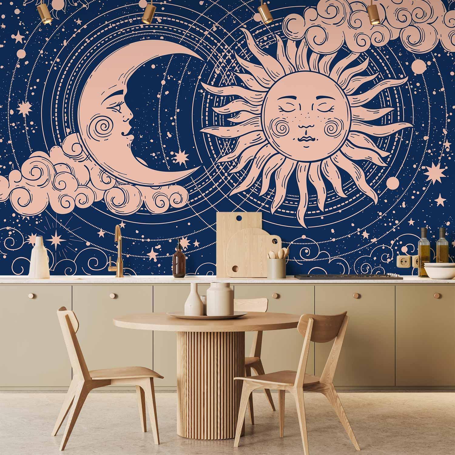 Papier peint - Cosmic Harmony - Illustration of the Sun and Moon on a Navy Background