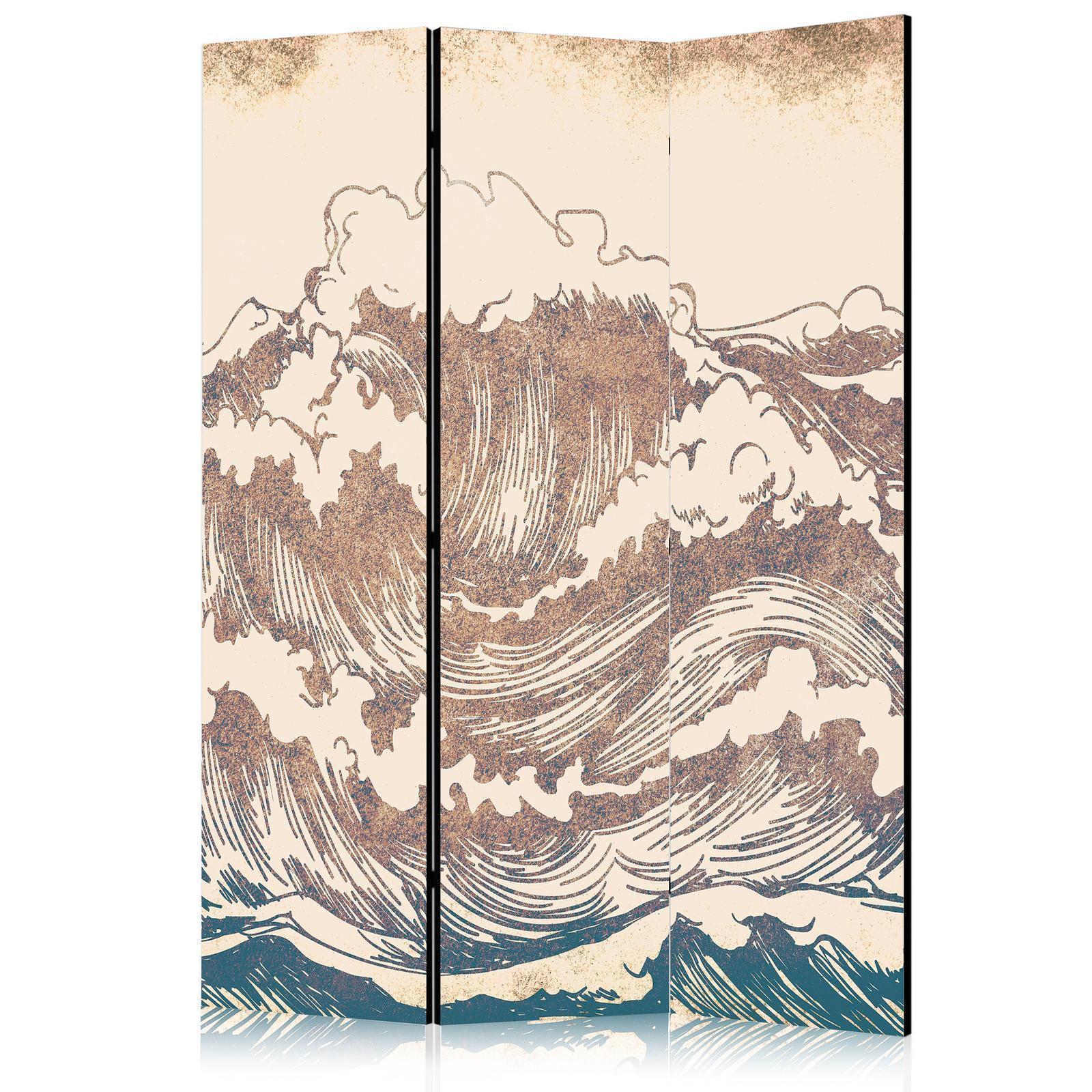 Paravent - Stormy Ocean - High Waves in Brown and Navy Colors on a Beige Background in Vintage Style