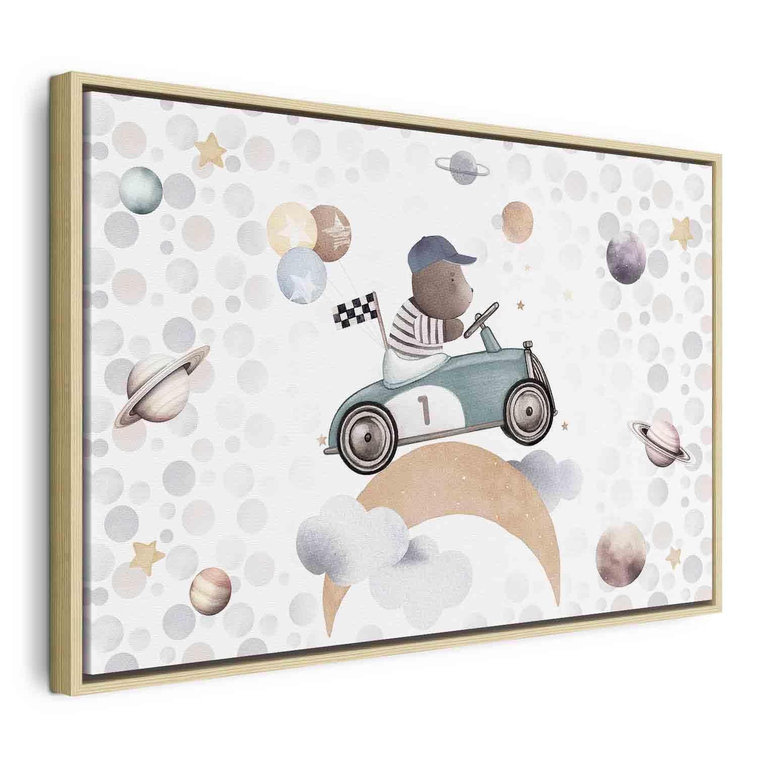 Tableau - Galactic Races - A Bear Participating in Car Races Among Planets Clouds and Stars in Pastel Hues